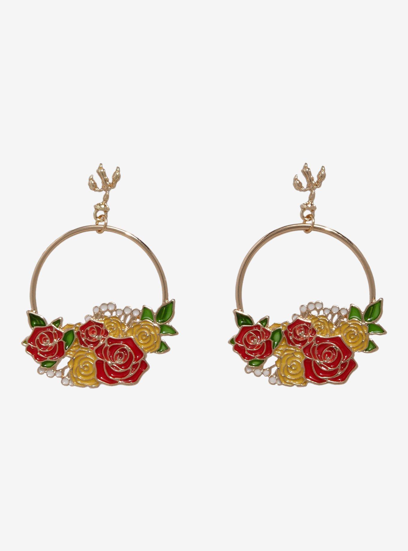 Disney Beauty and the Beast Belle Floral Hoop Earrings – BoxLunch Exclusive, , hi-res