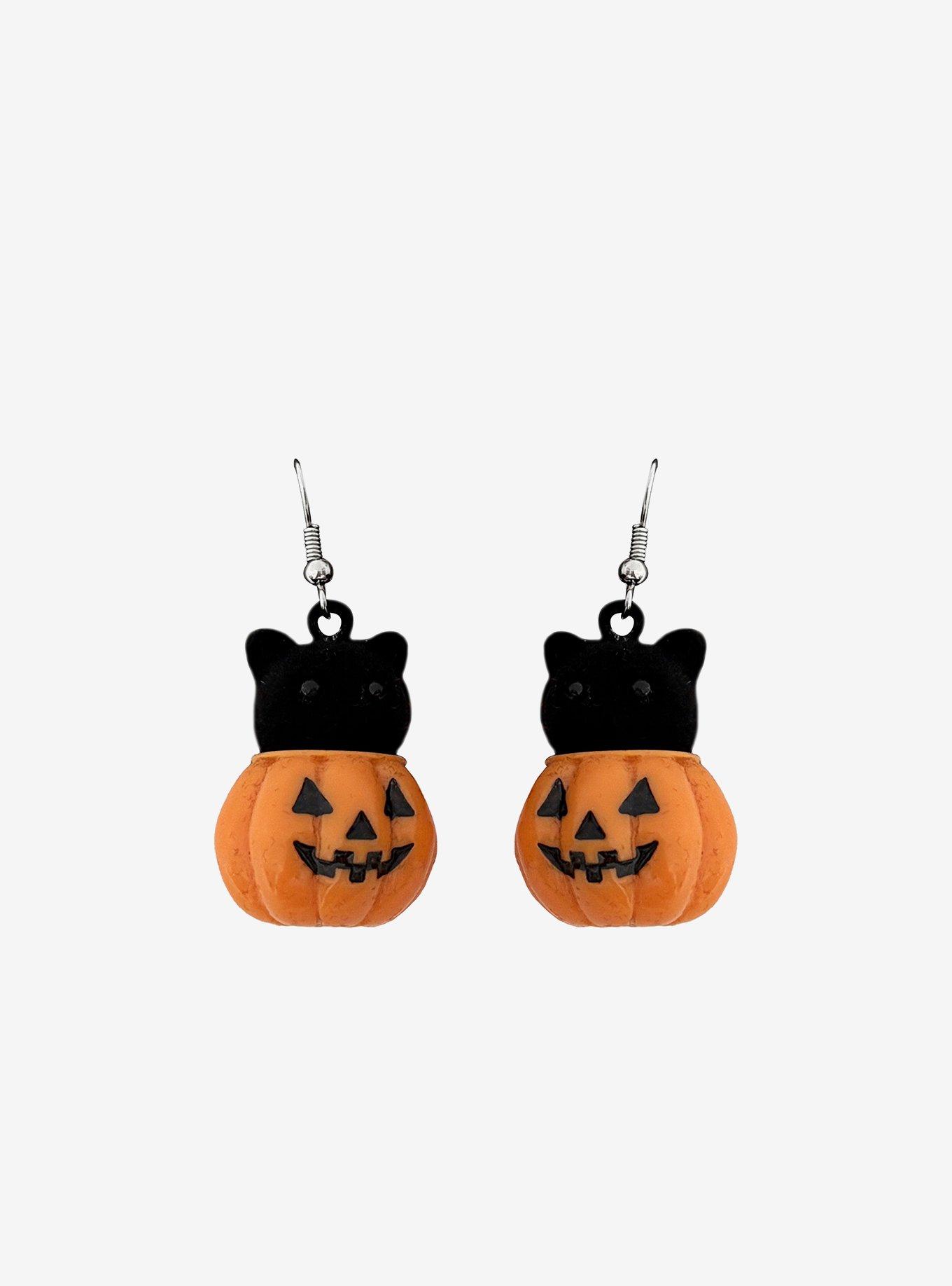 Black Cat & Pumpkin Flocked Earrings, , hi-res