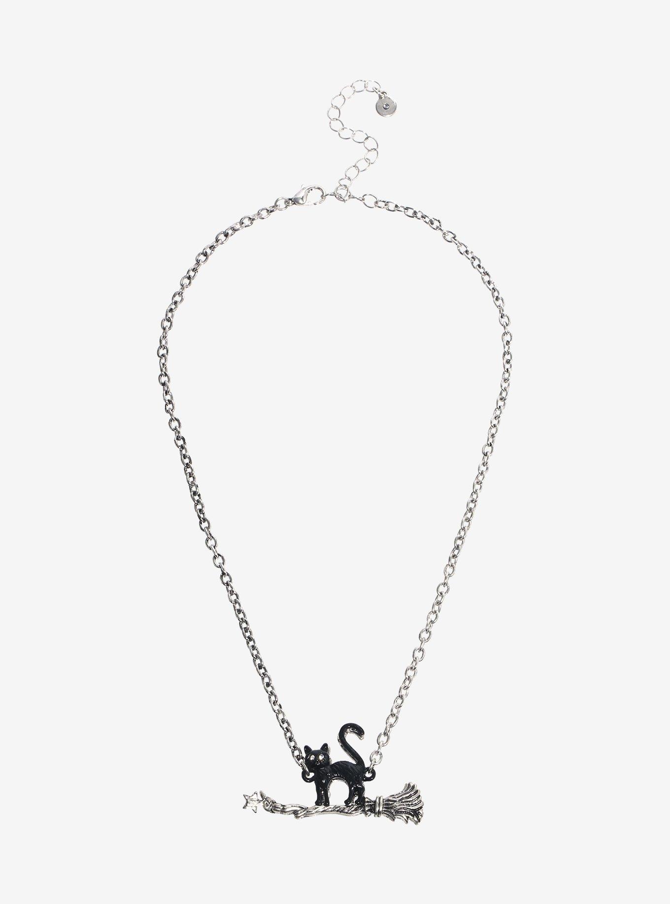 Black Cat Broomstick Pendant Necklace, , hi-res