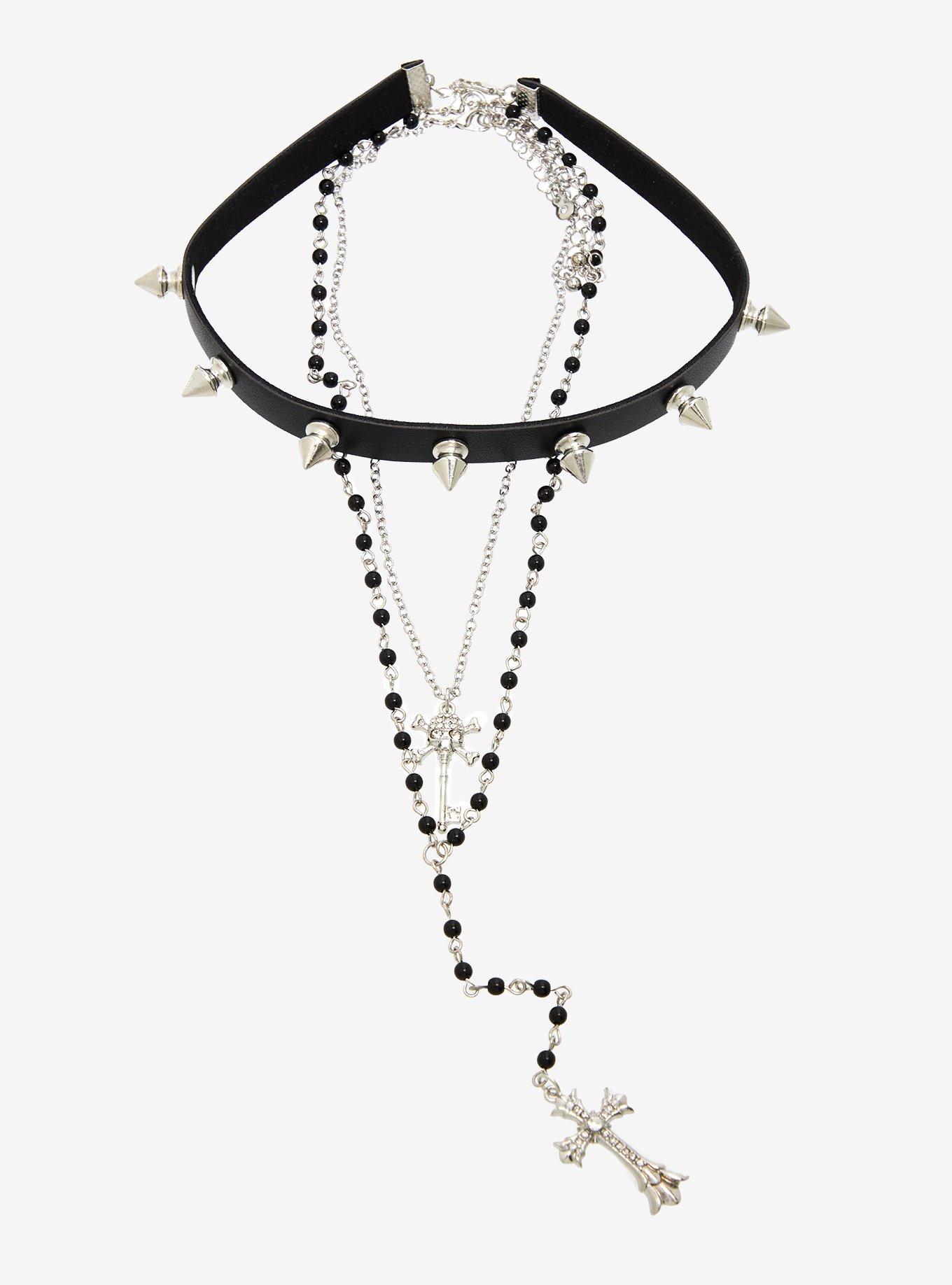 Spike Skull Rosary Choker Necklace Set, , hi-res