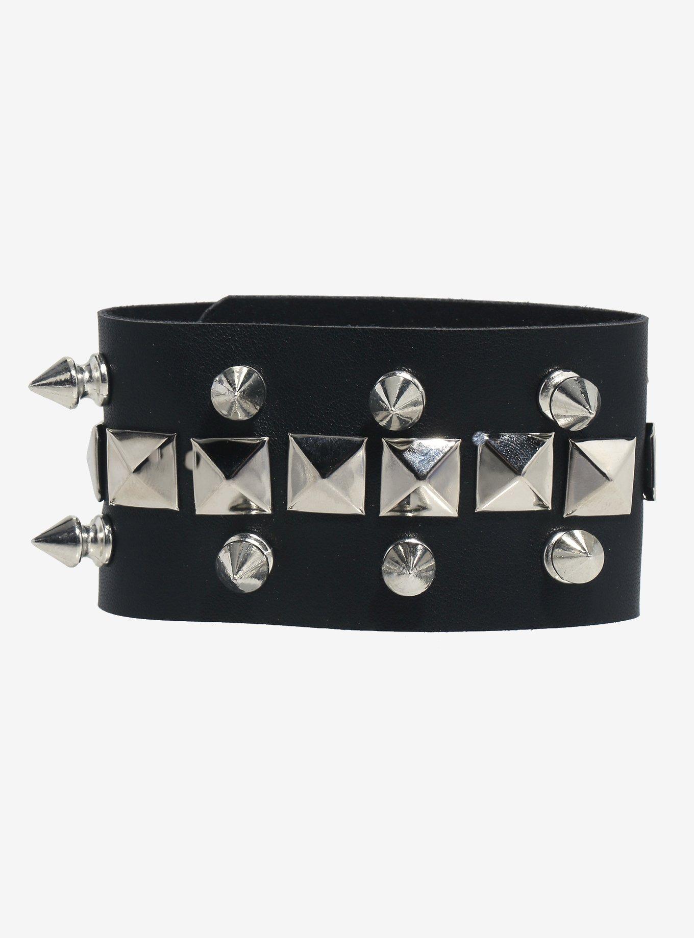 Pyramid Spike Faux Leather Cuff Bracelet, , hi-res