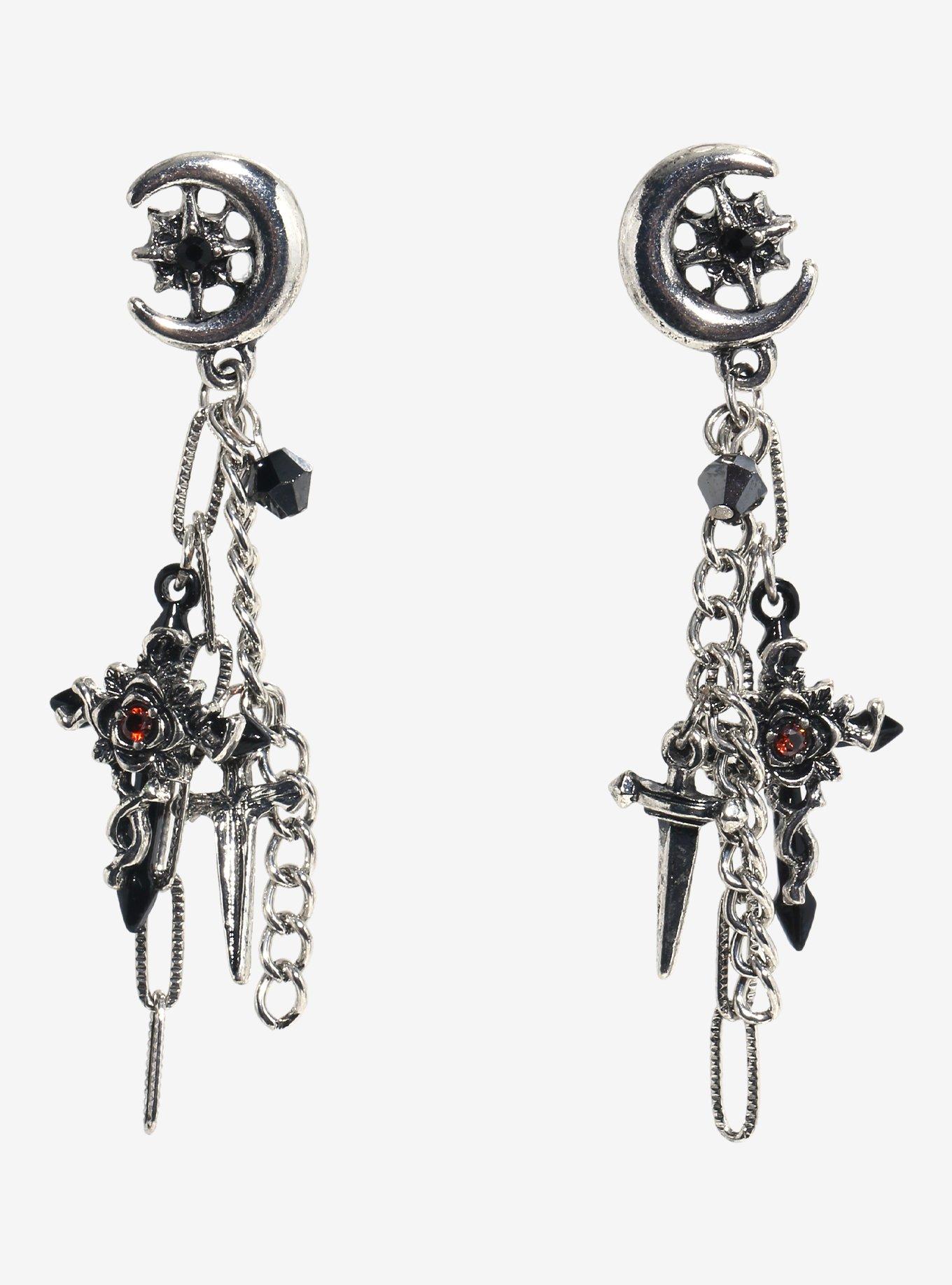 Cosmic Aura Moon Cross Chain Earrings, , hi-res
