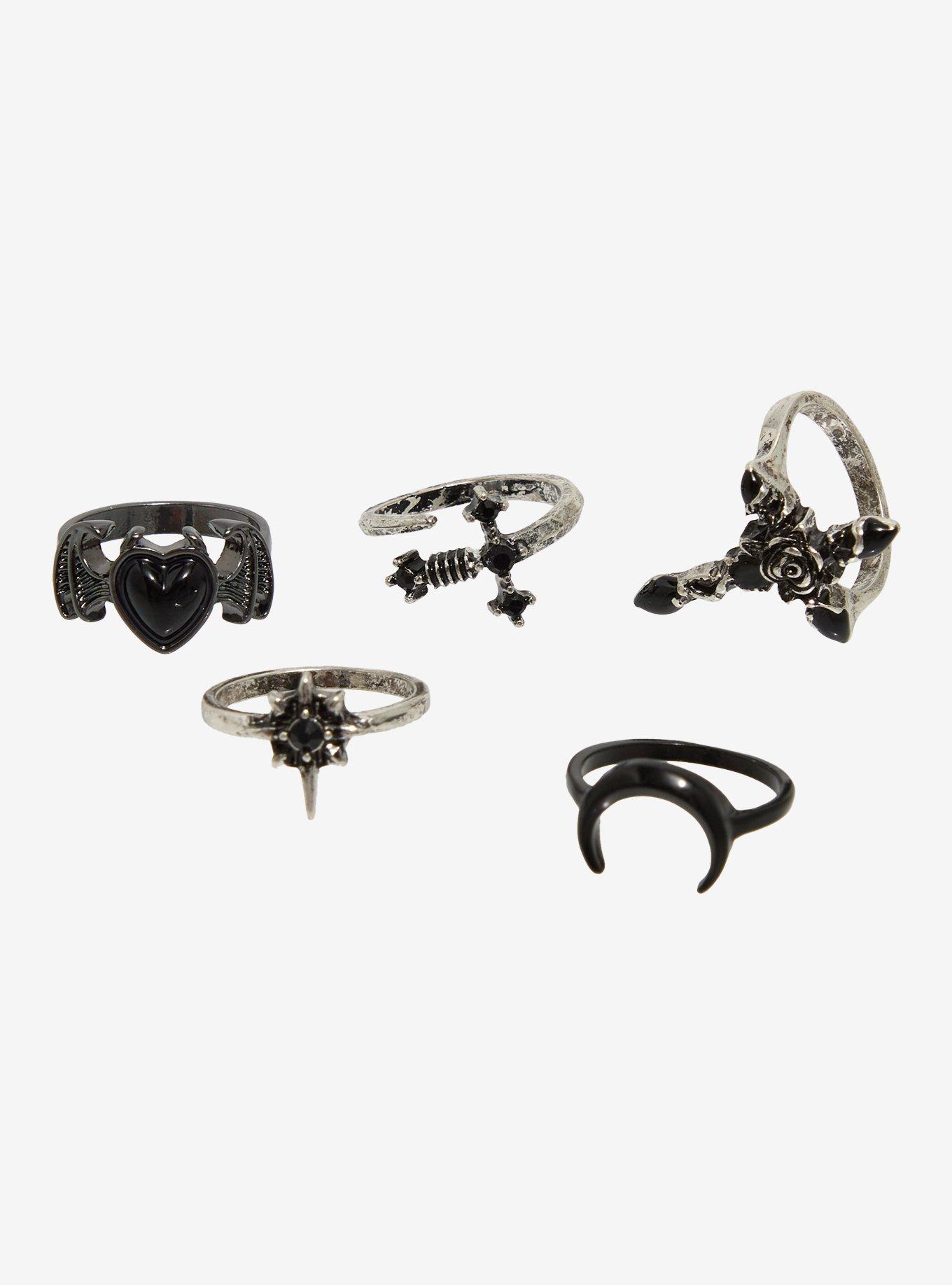 Cosmic Aura Gothic Cross Heart Moon Ring Set, , hi-res