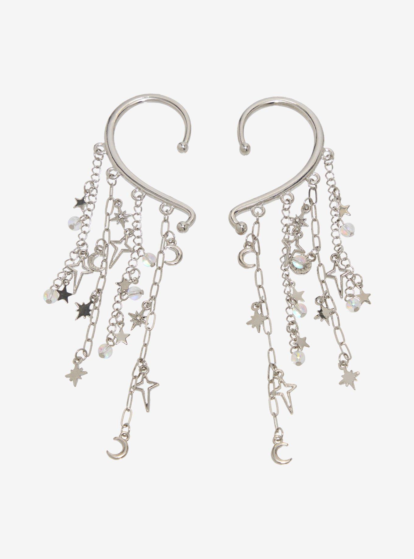 Cosmic Aura Star Moon Chain Drop Ear Cuffs, , hi-res