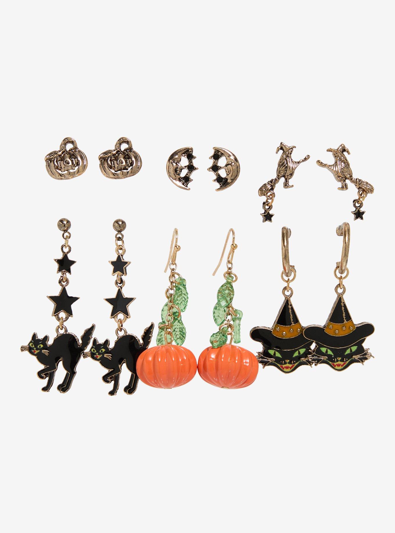 Thorn & Fable Black Cat Pumpkin Earring Set, , hi-res