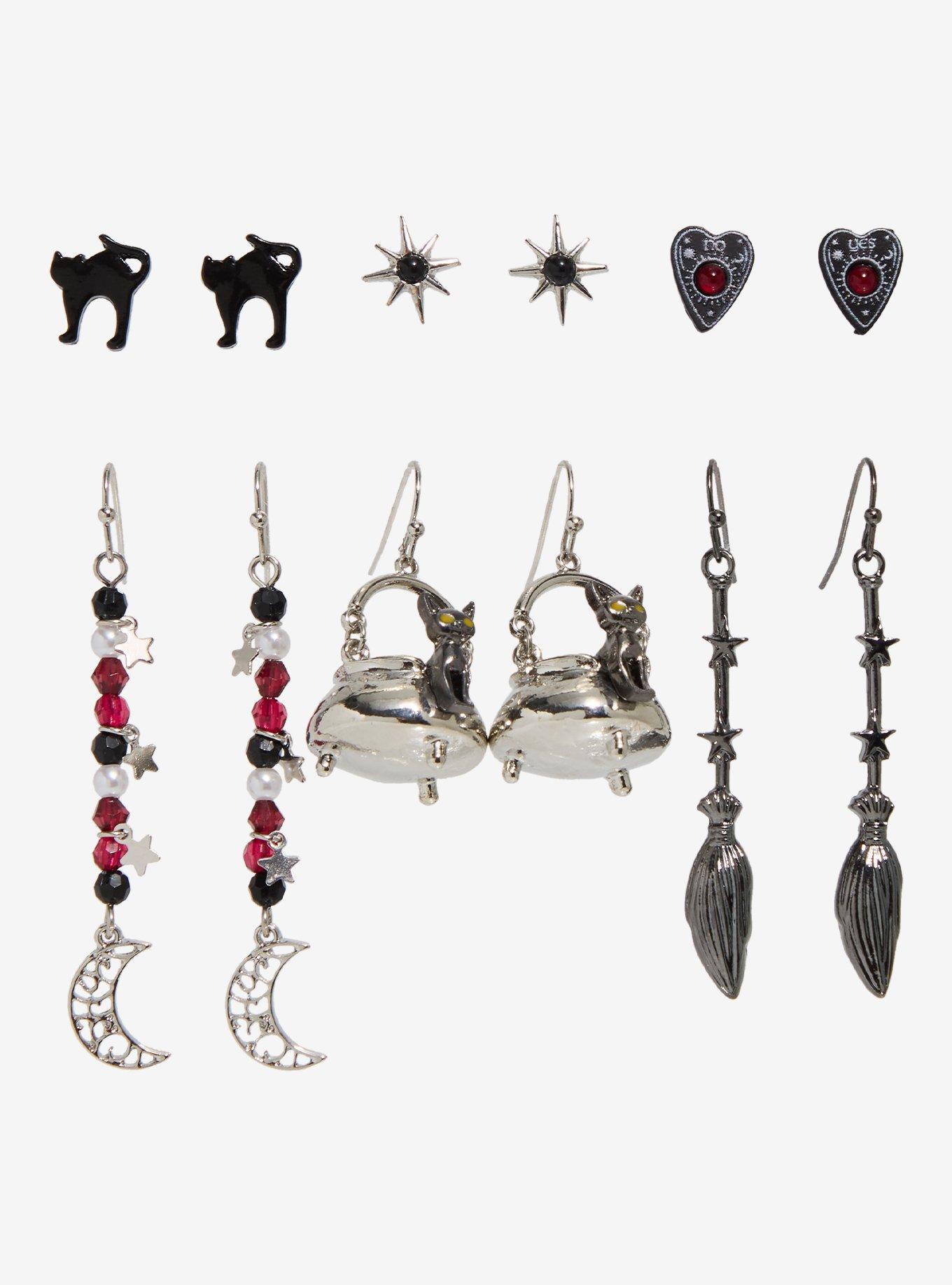 Black Cat Witch Planchette Earring Set, , hi-res