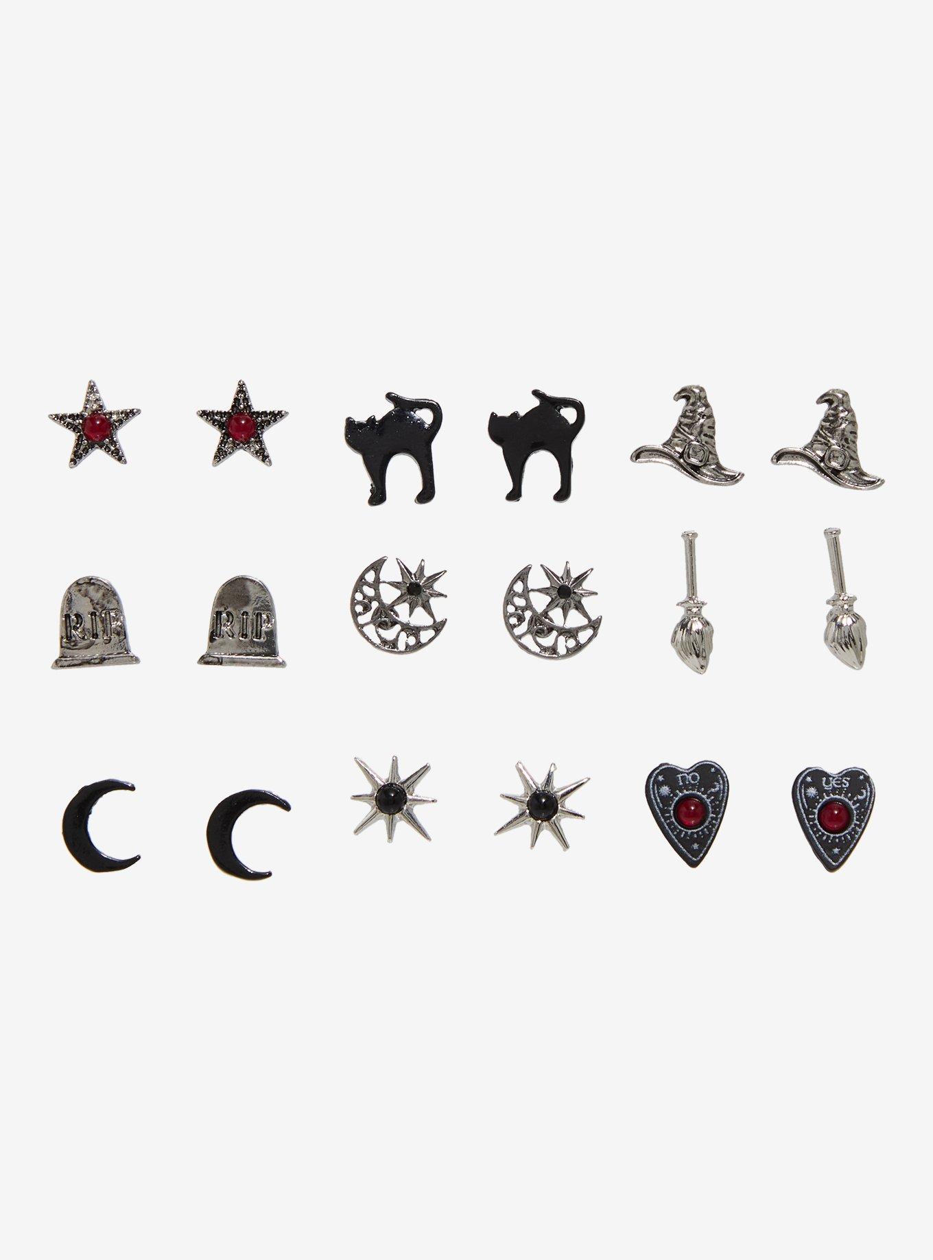 Black Cat Witch Planchette Stud Earring Set, , hi-res