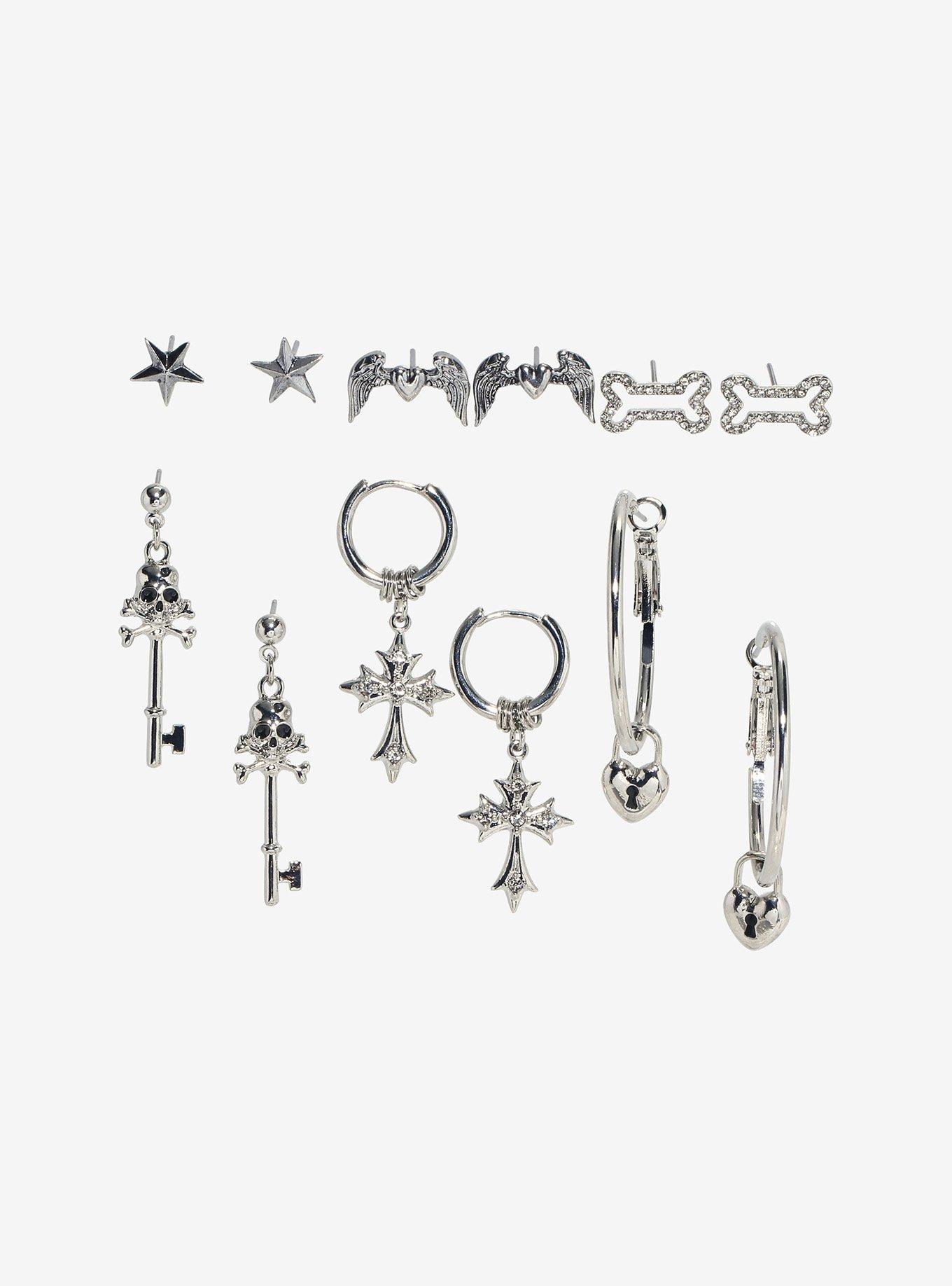 Skeleton Key Heart Locket Cross Earring Set, , hi-res
