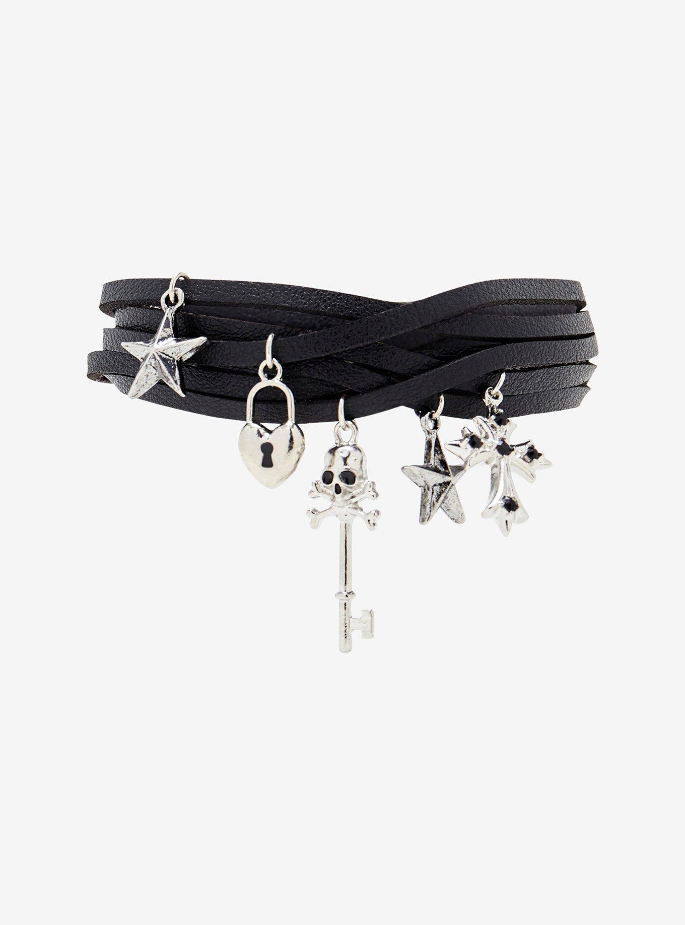 Skull Key Heart Lock Charm Multi-Strand Bracelet, , hi-res