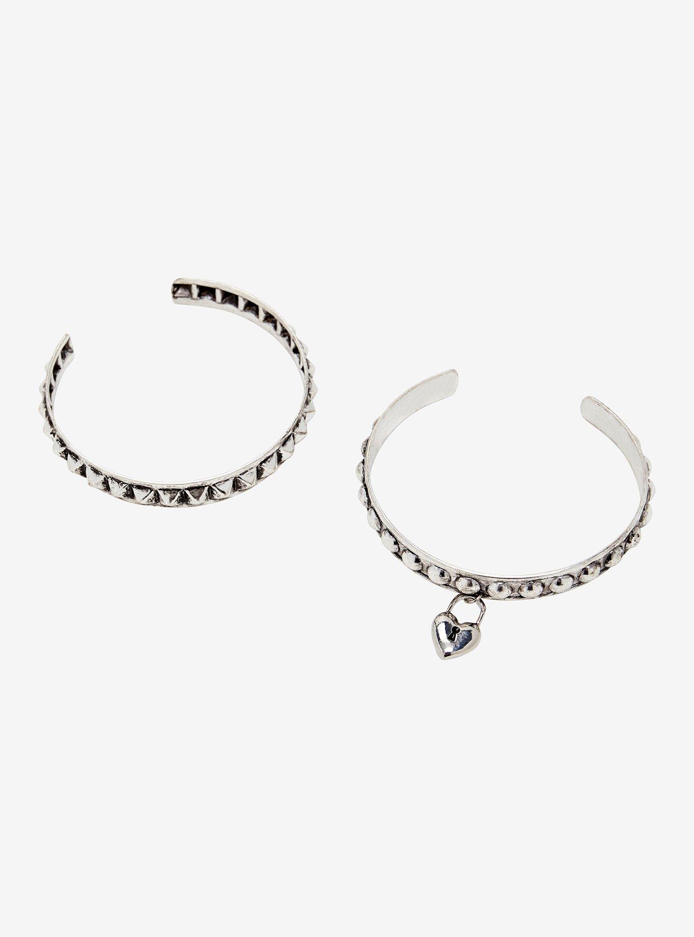 Heart Lock Stud Rhinestone Bangle Bracelet Set, , hi-res