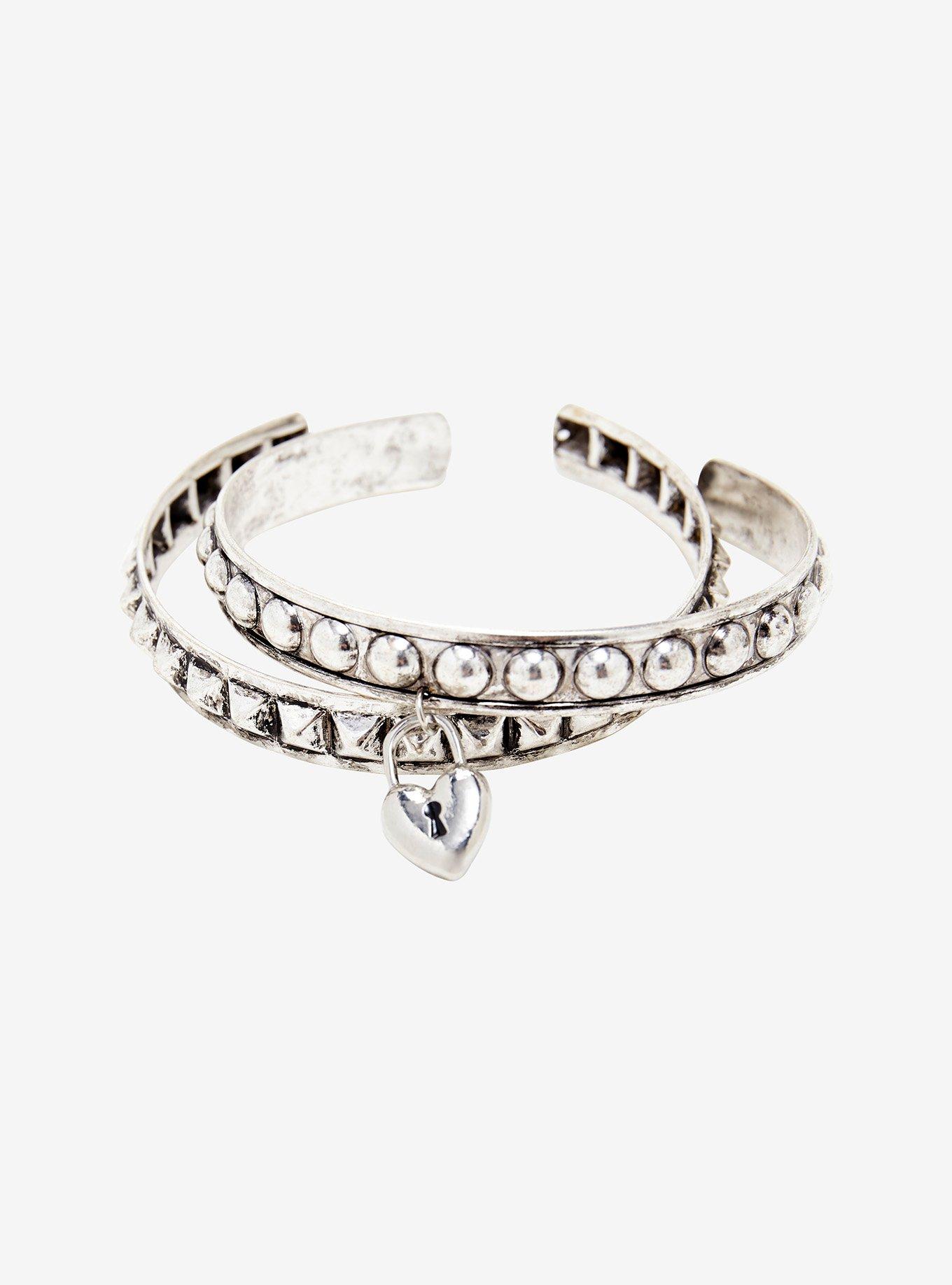 Heart Lock Stud Rhinestone Bangle Bracelet Set, , alternate
