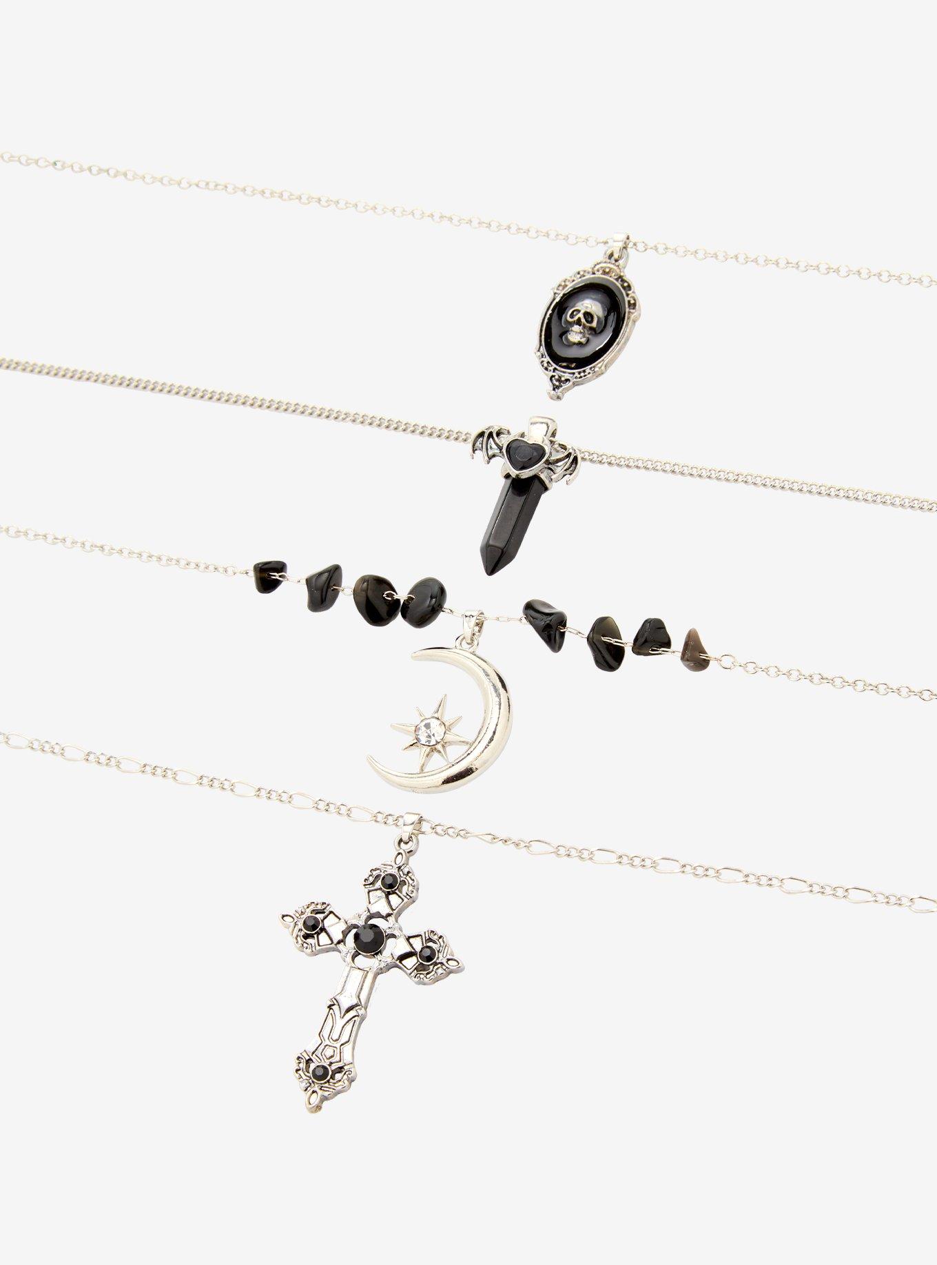 Cosmic Aura Skull Portrait Faux Crystal Necklace Set, , alternate