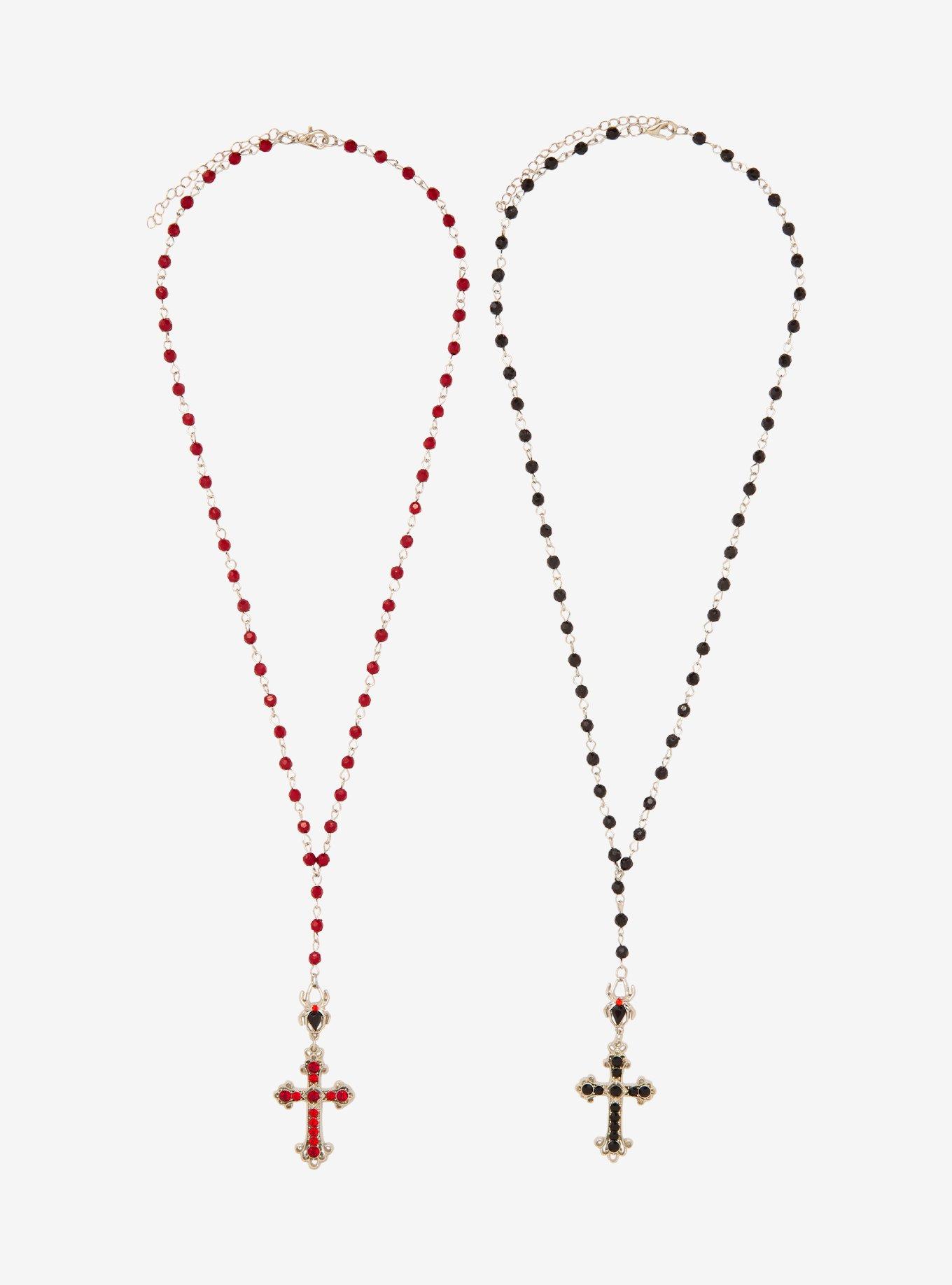 Social Collision Bling Spider Cross Rosary Best Friend Necklace Set, , hi-res