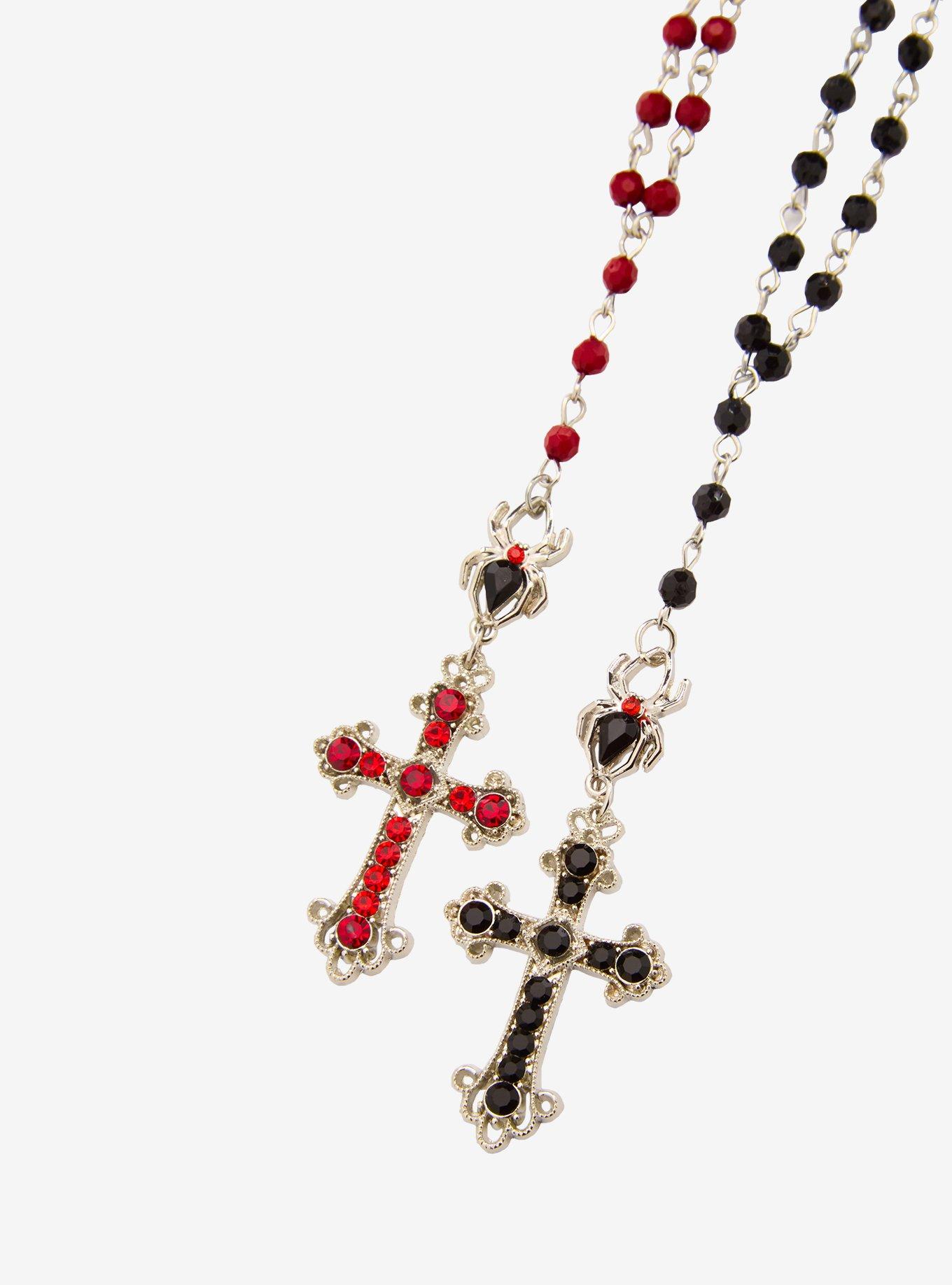 Social Collision Bling Spider Cross Rosary Best Friend Necklace Set, , alternate