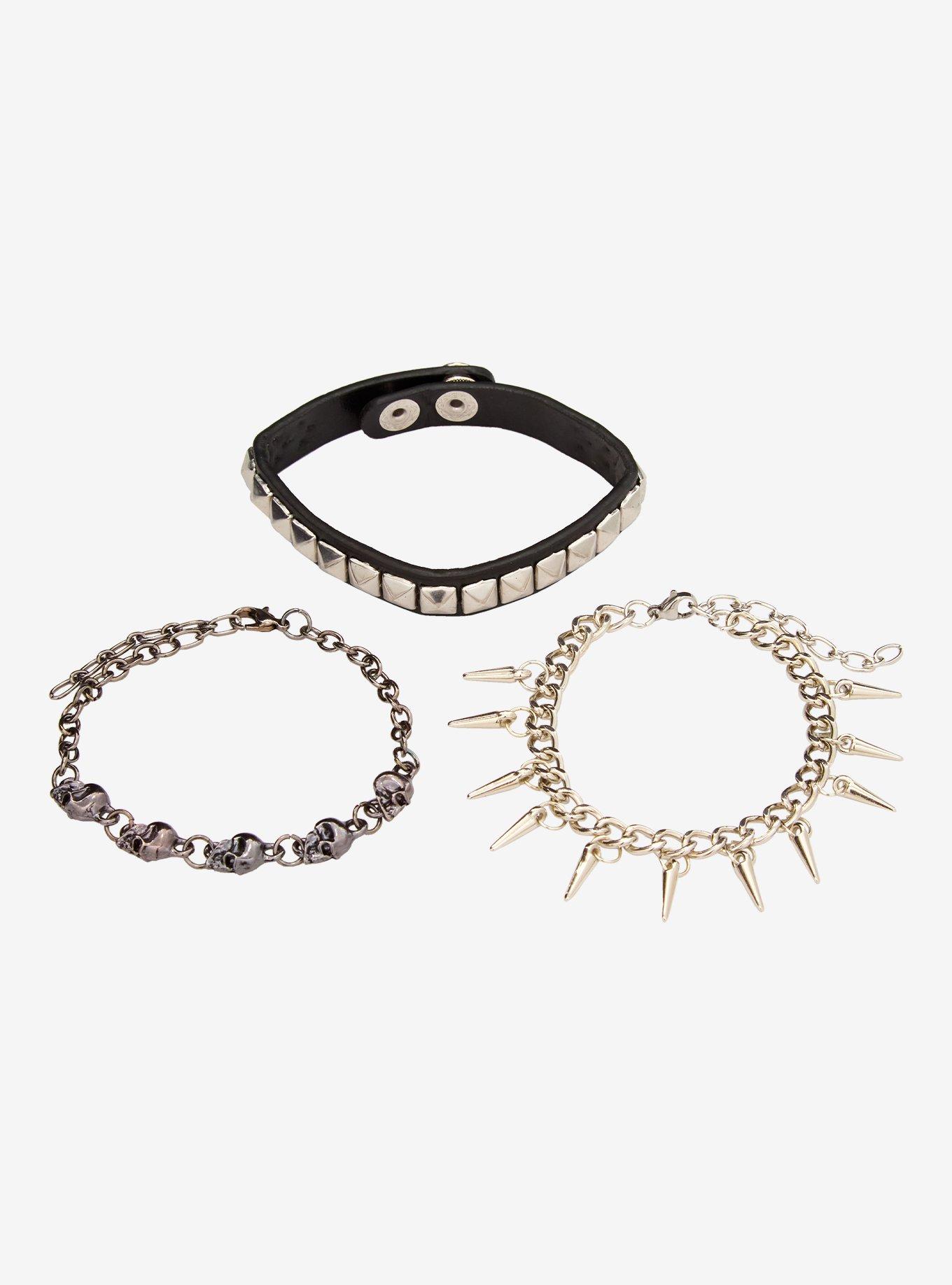 Pyramid Stud Skull Spike Bracelet Set, , hi-res