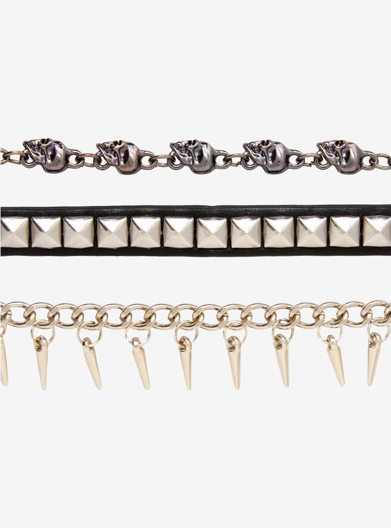 Pyramid Stud Skull Spike Bracelet Set, , alternate