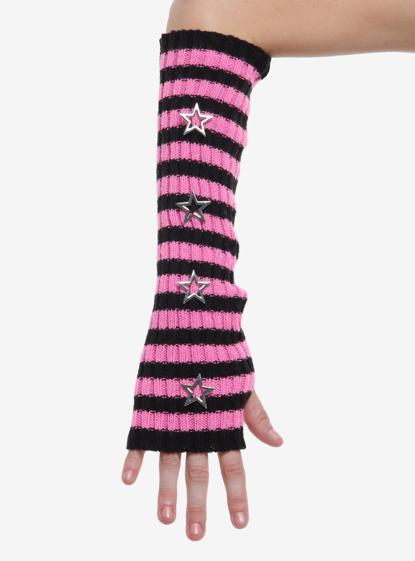 Black & Pink Stripe Star Stud Arm Warmers, , hi-res