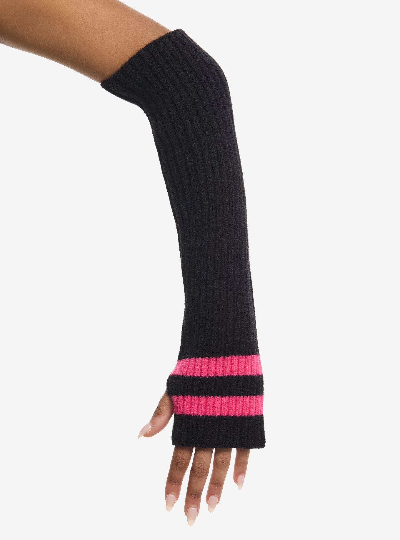 Black & Pink Varsity Stripe Ribbed Arm Warmers, , hi-res