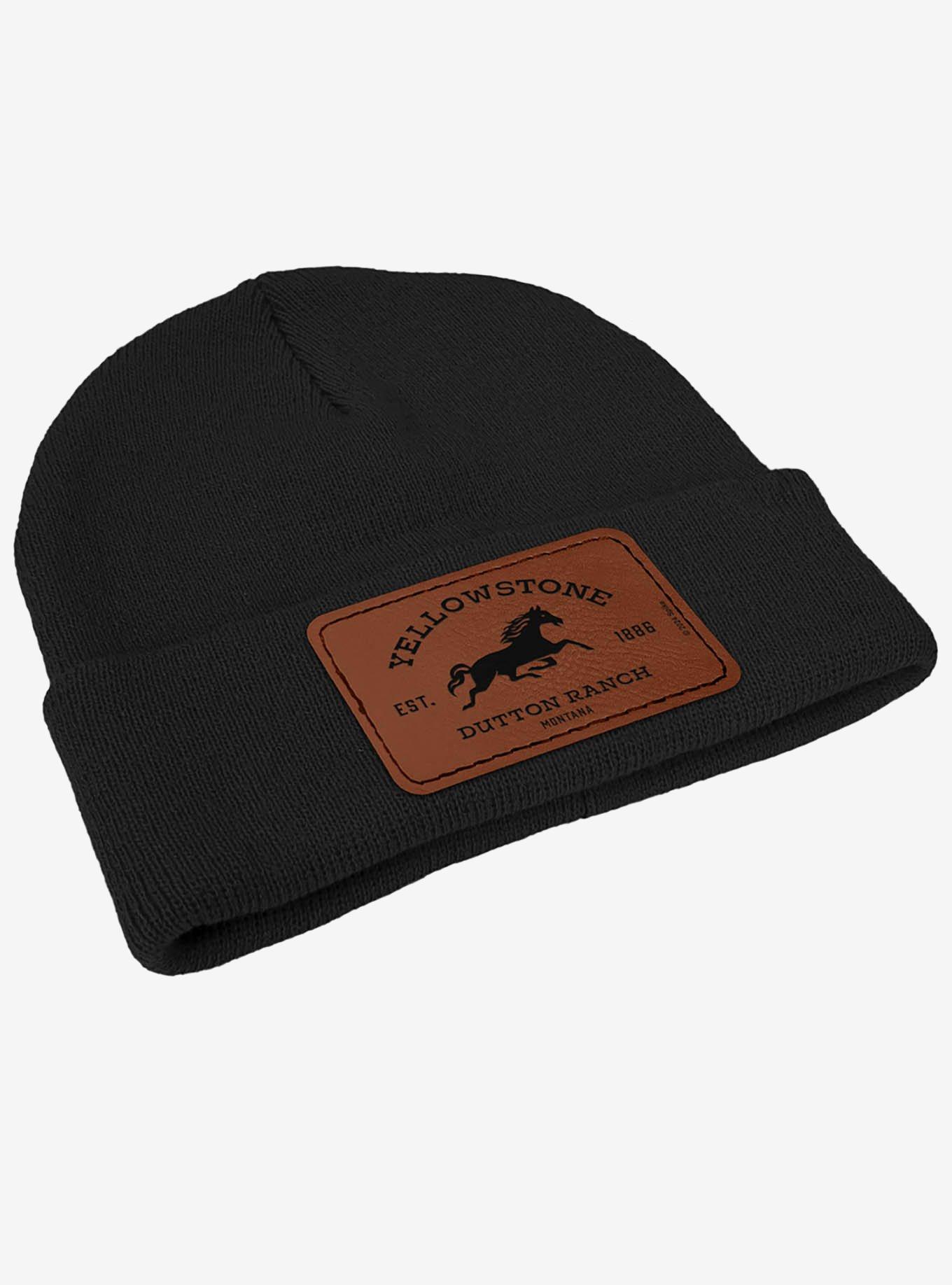 Yellowstone Dutton Ranch Horse Rectangle Leather Patch Knit Beanie, , alternate