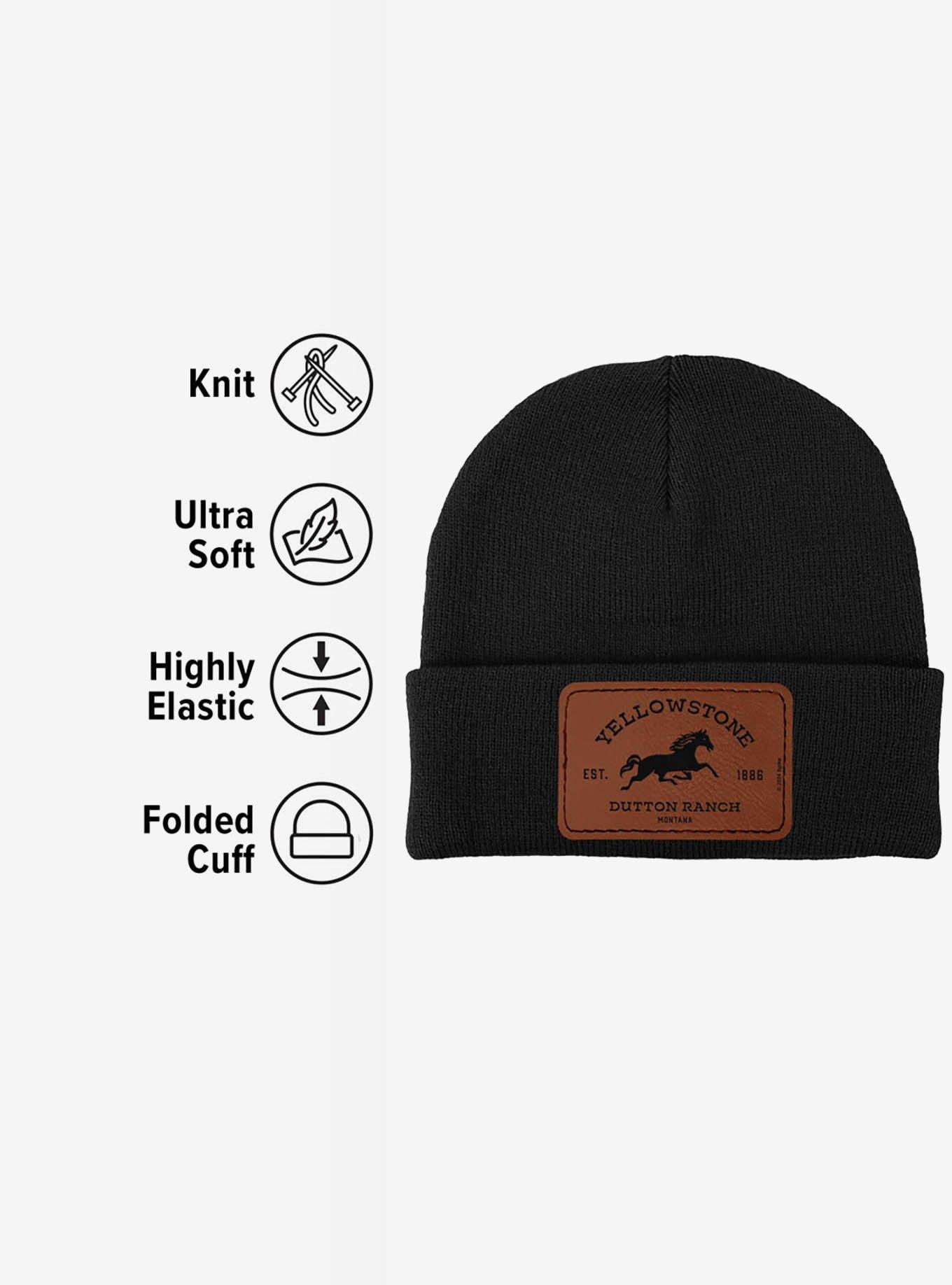 Yellowstone Dutton Ranch Horse Rectangle Leather Patch Knit Beanie, , alternate