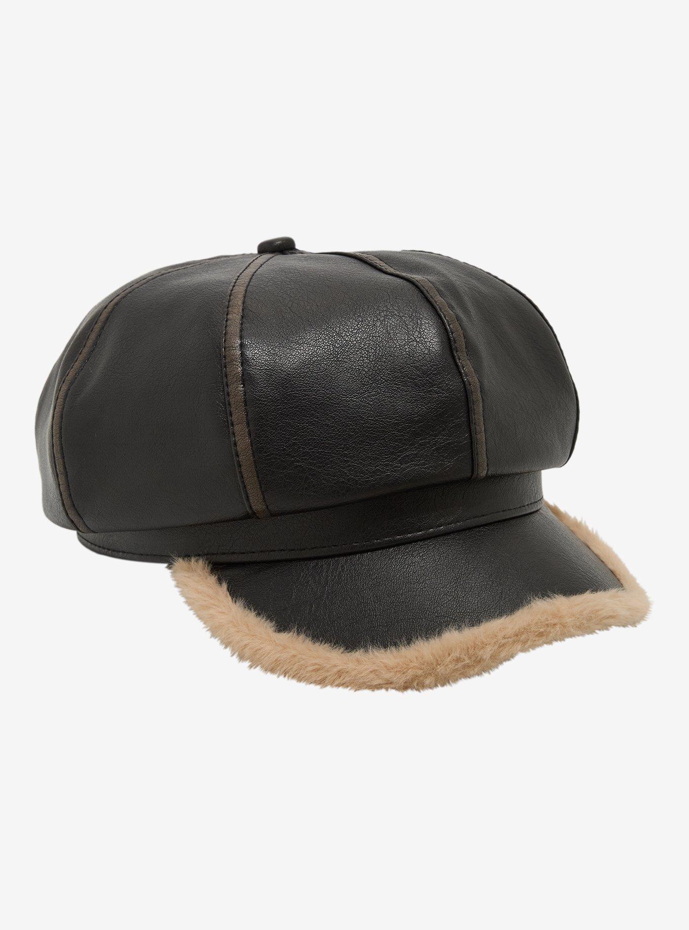 Dark Brown Fur Trim Faux Leather Cabbie Hat, , hi-res
