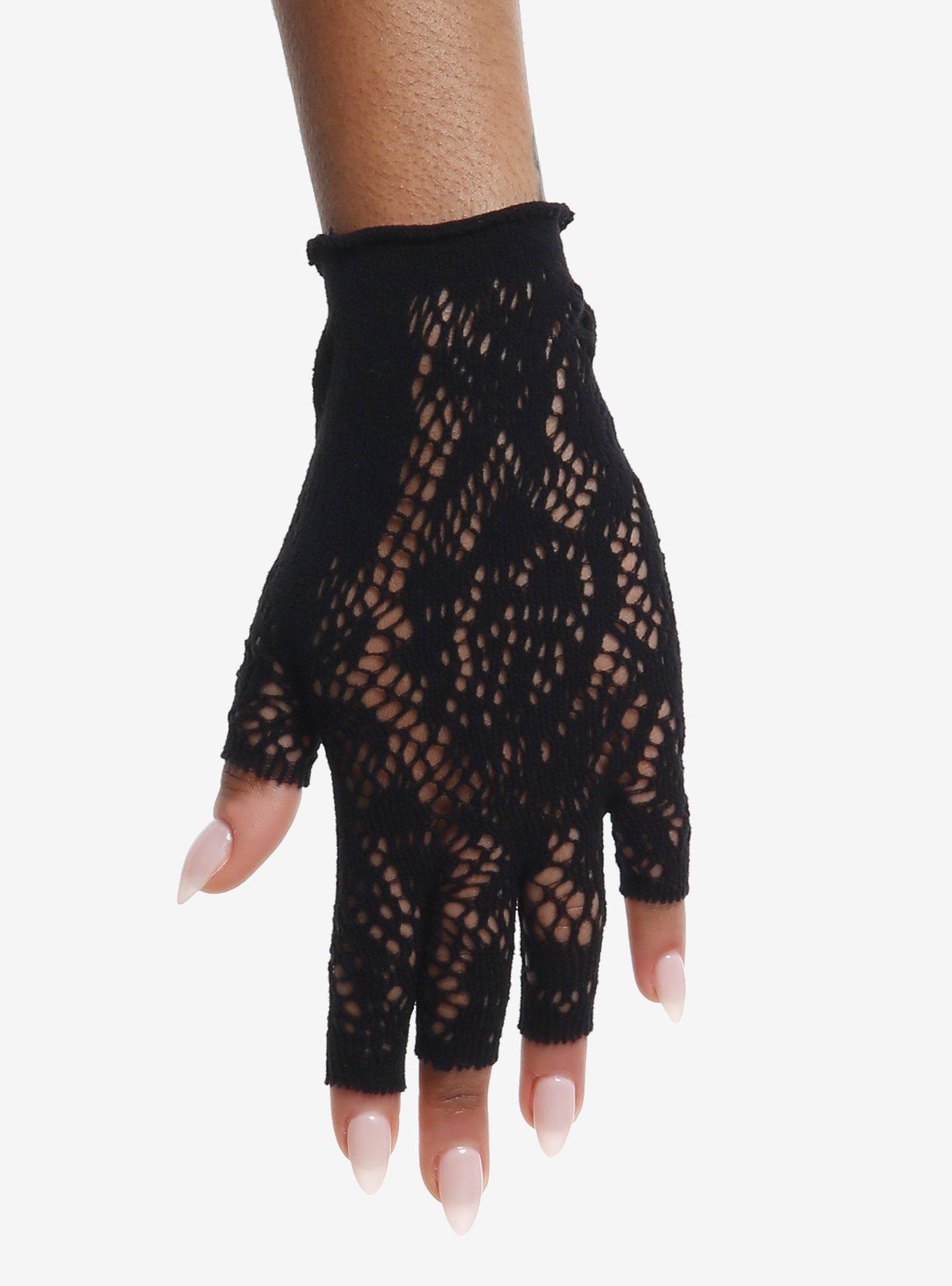 Black Lace Panel Fishnet Fingerless Gloves, , hi-res