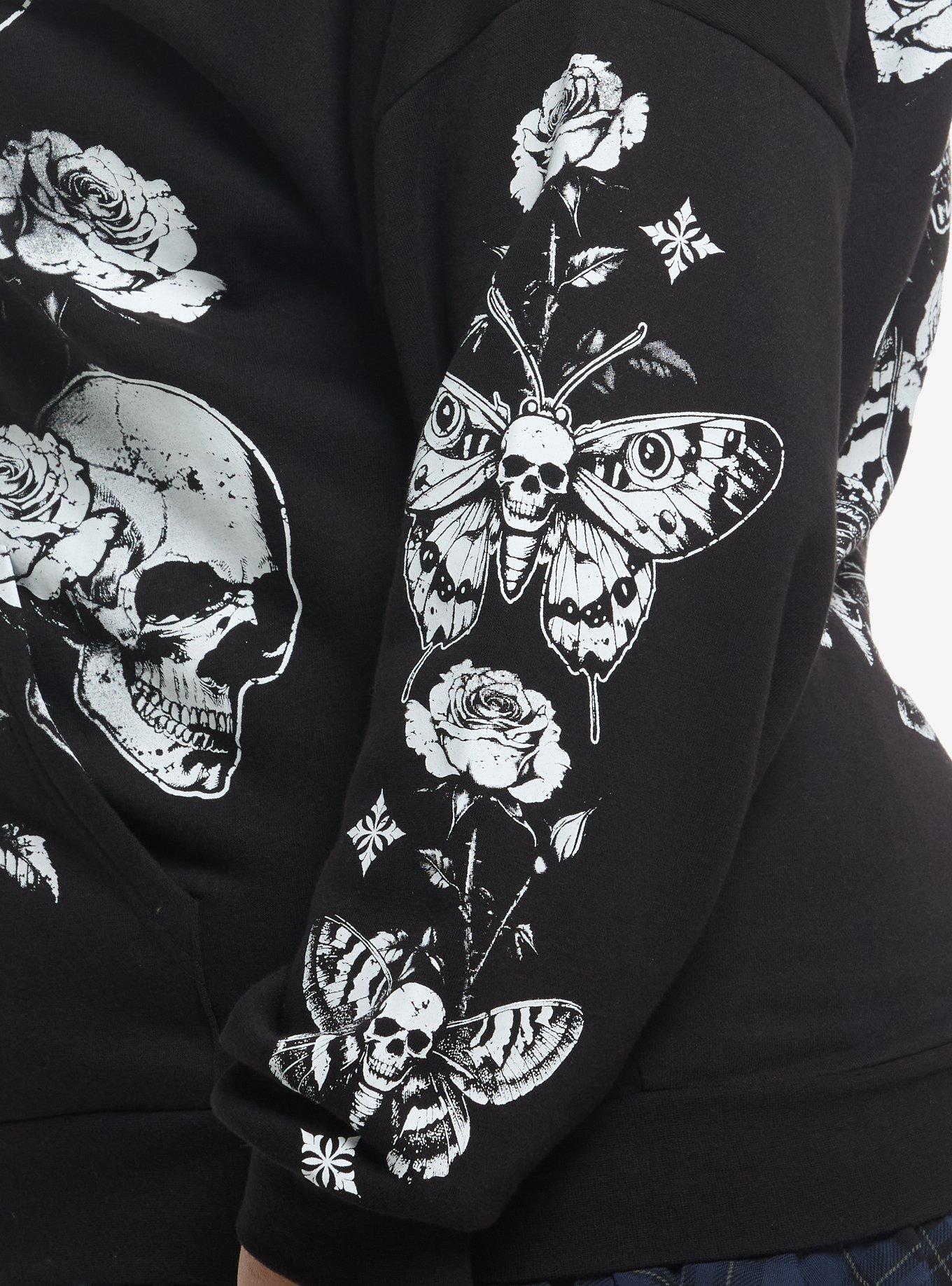Cosmic Aura Death's-Head Moth & Roses Girls Hoodie Plus Size, , alternate