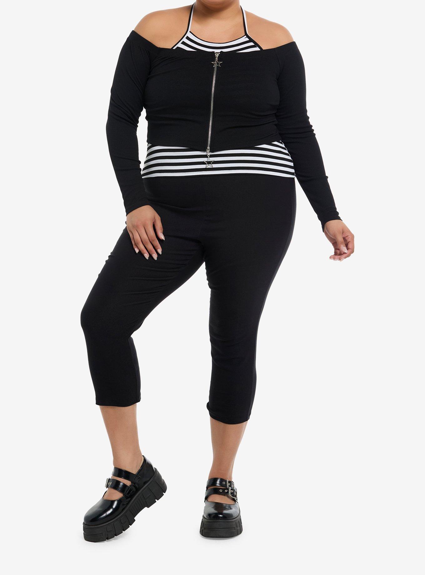 Social Collision Stripe Halter Girls Twofer Long-Sleeve Crop Top Plus Size, , hi-res