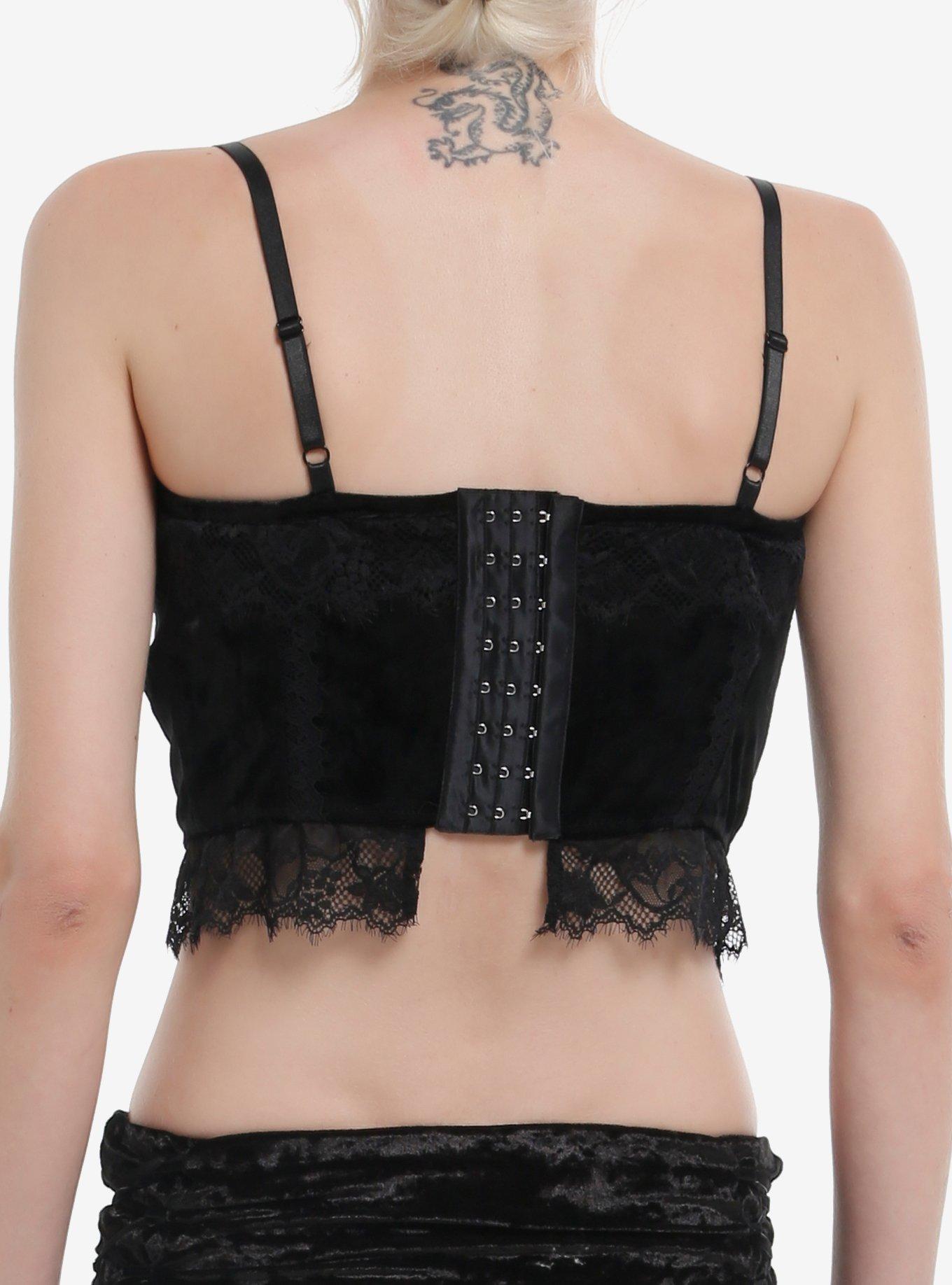 Thorn & Fable Black Velvet & Lace Cross Charm Corset Tank Top, BLACK, alternate