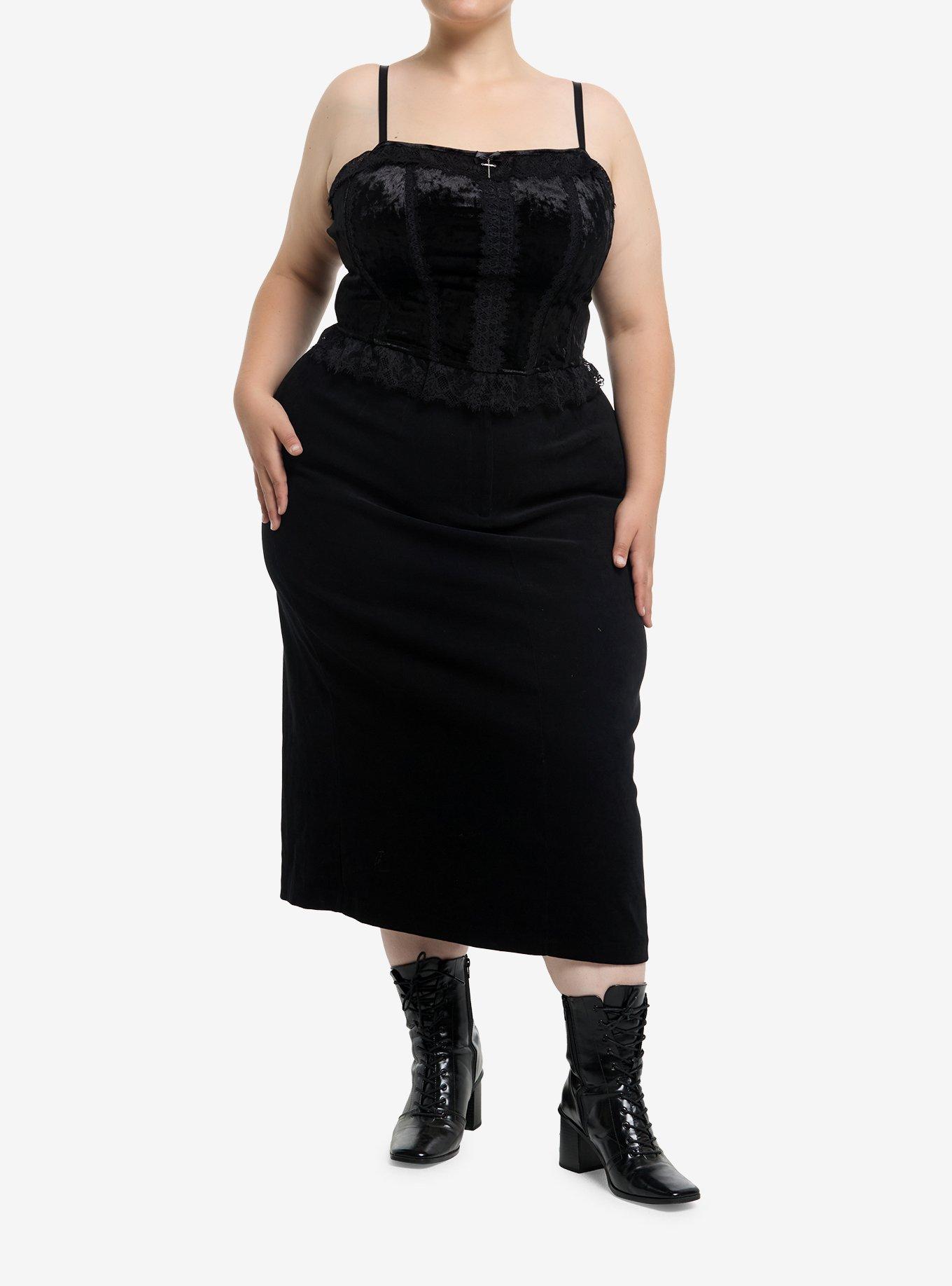 Thorn & Fable Black Velvet & Lace Cross Charm Corset Tank Top Plus Size, , hi-res