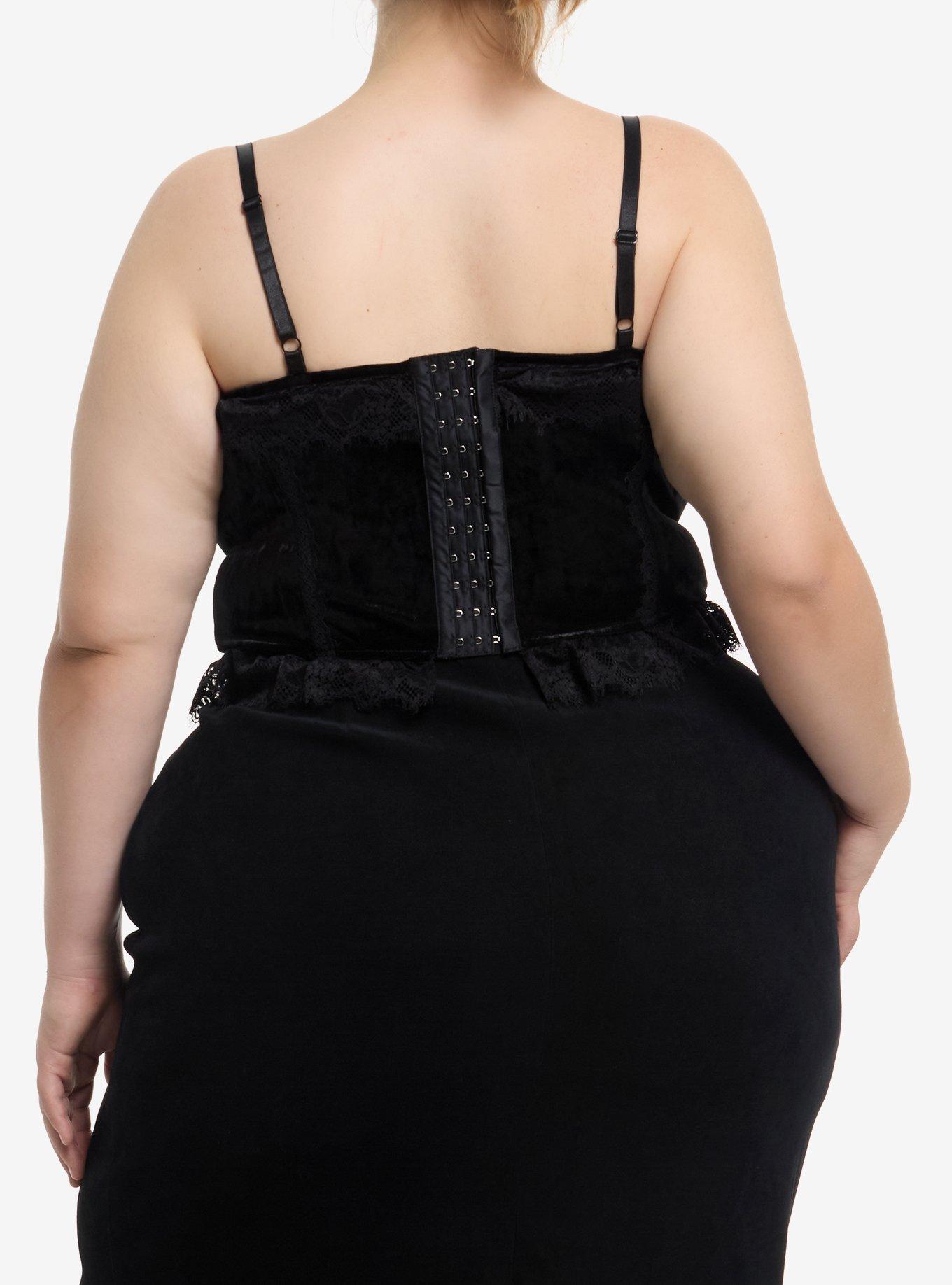 Thorn & Fable Black Velvet & Lace Cross Charm Corset Tank Top Plus Size, BLACK, alternate