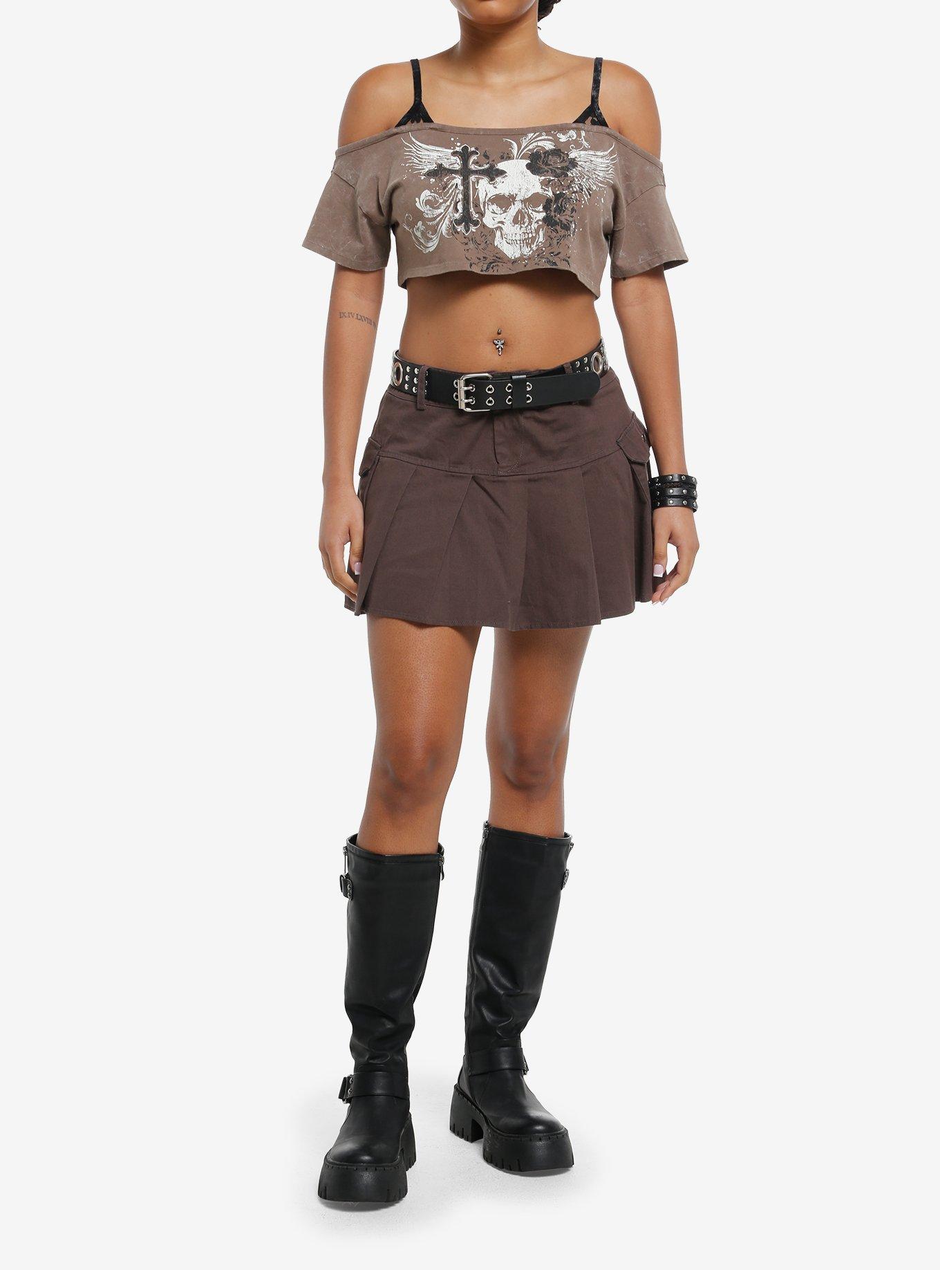 Gothic Skull Cross Cold Shoulder Girls Crop Top, , hi-res