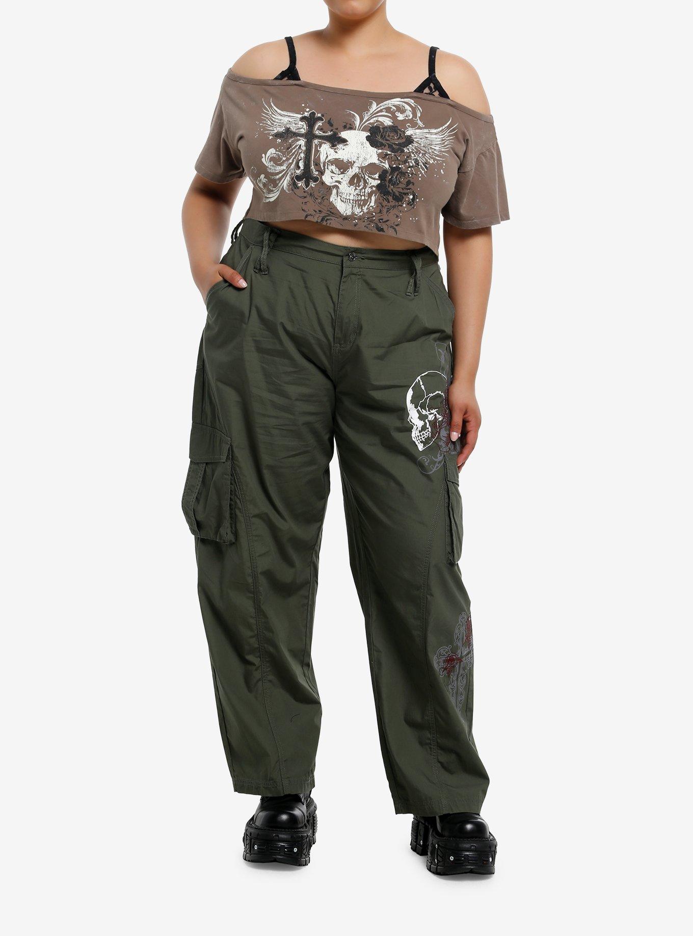 Gothic Skull Cross Cold Shoulder Girls Crop Top Plus Size, , hi-res