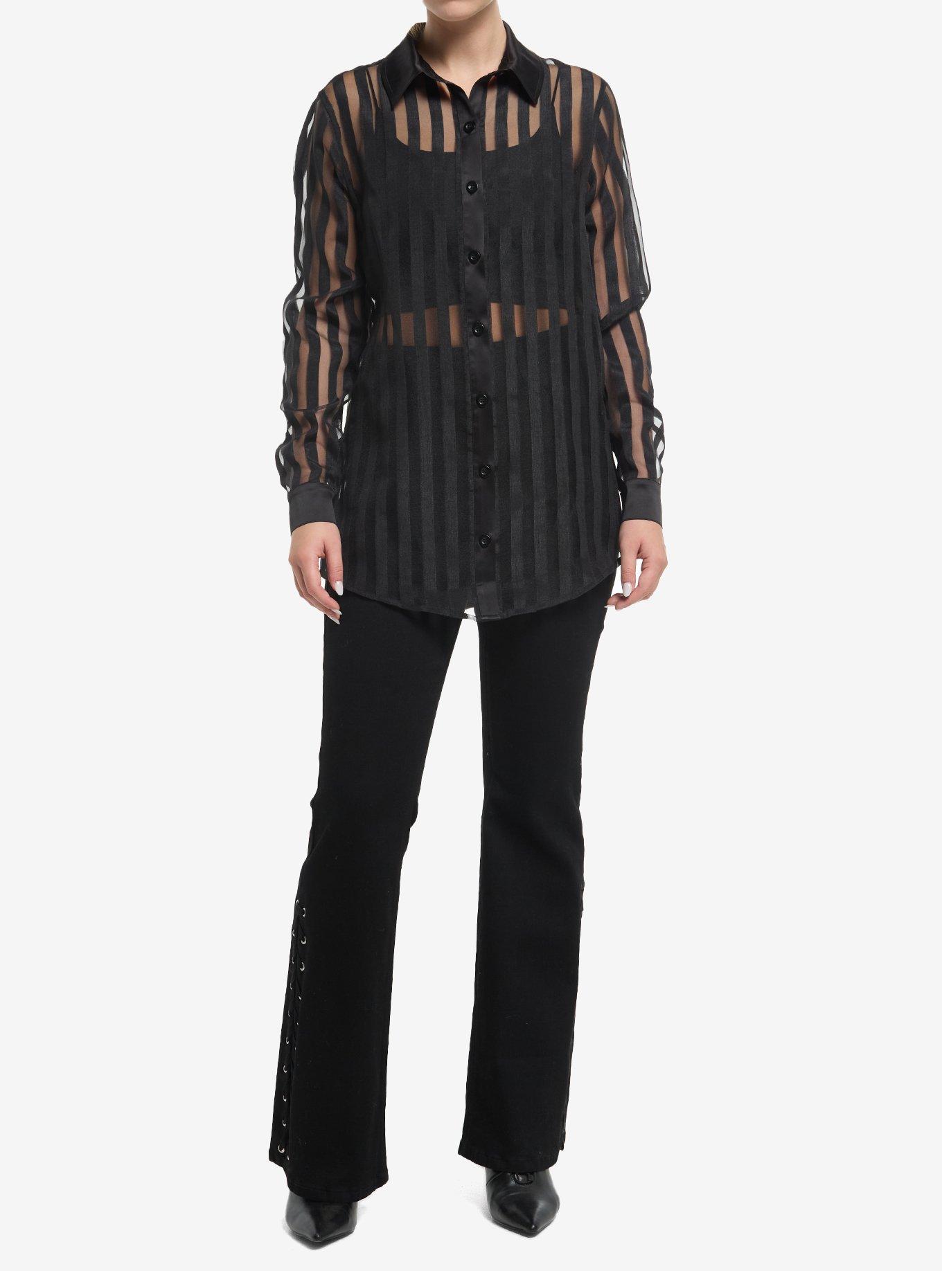 Black Sheer Shadow Stripe Girls Woven Button-Up, , hi-res