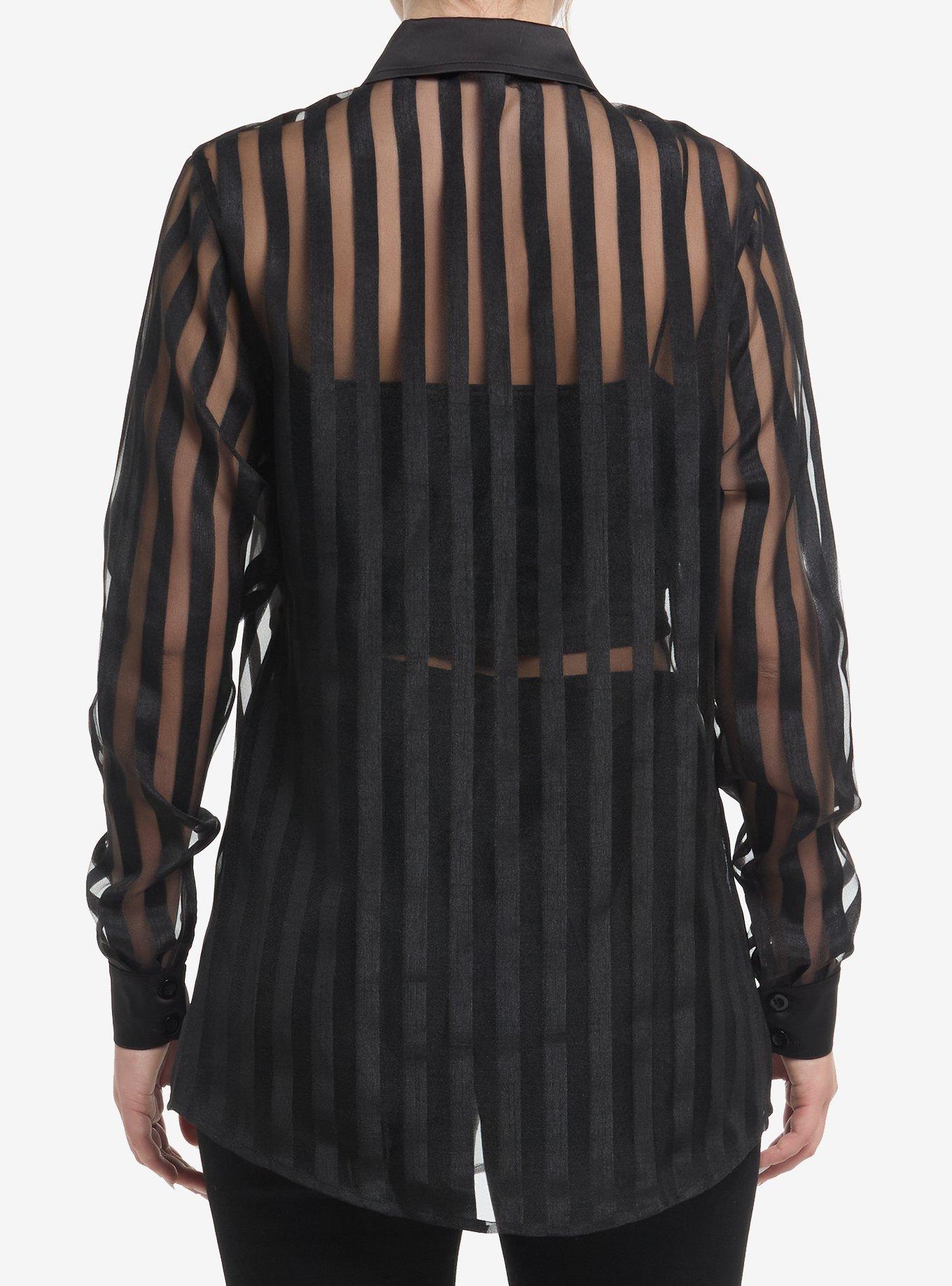 Black Sheer Shadow Stripe Girls Woven Button-Up, BLACK, alternate
