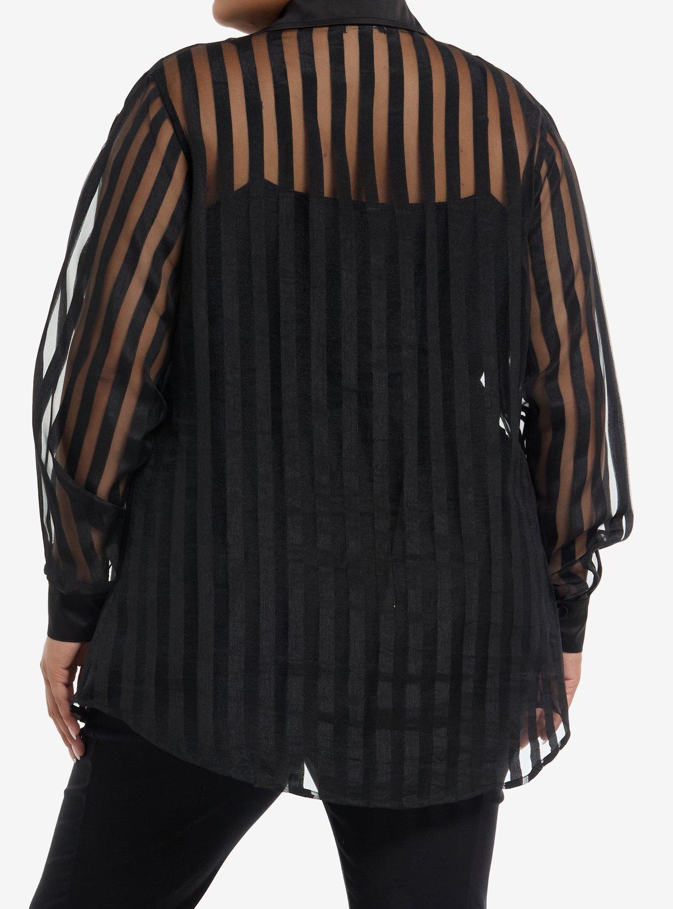Black Sheer Shadow Stripe Girls Woven Button-Up Plus Size, BLACK, alternate