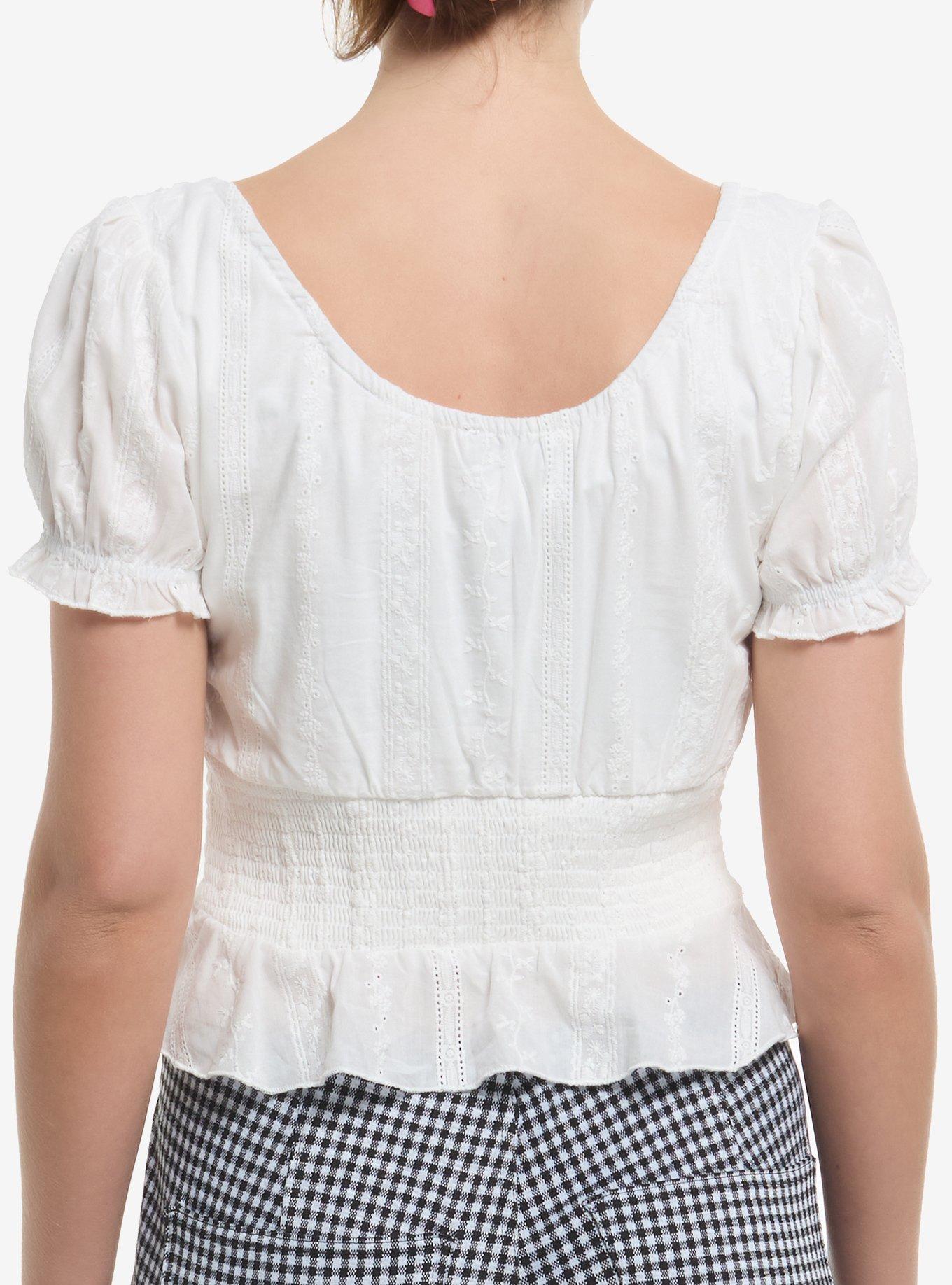 Thorn & Fable White Eyelet Puff-Sleeve Girls Crop Top, , alternate