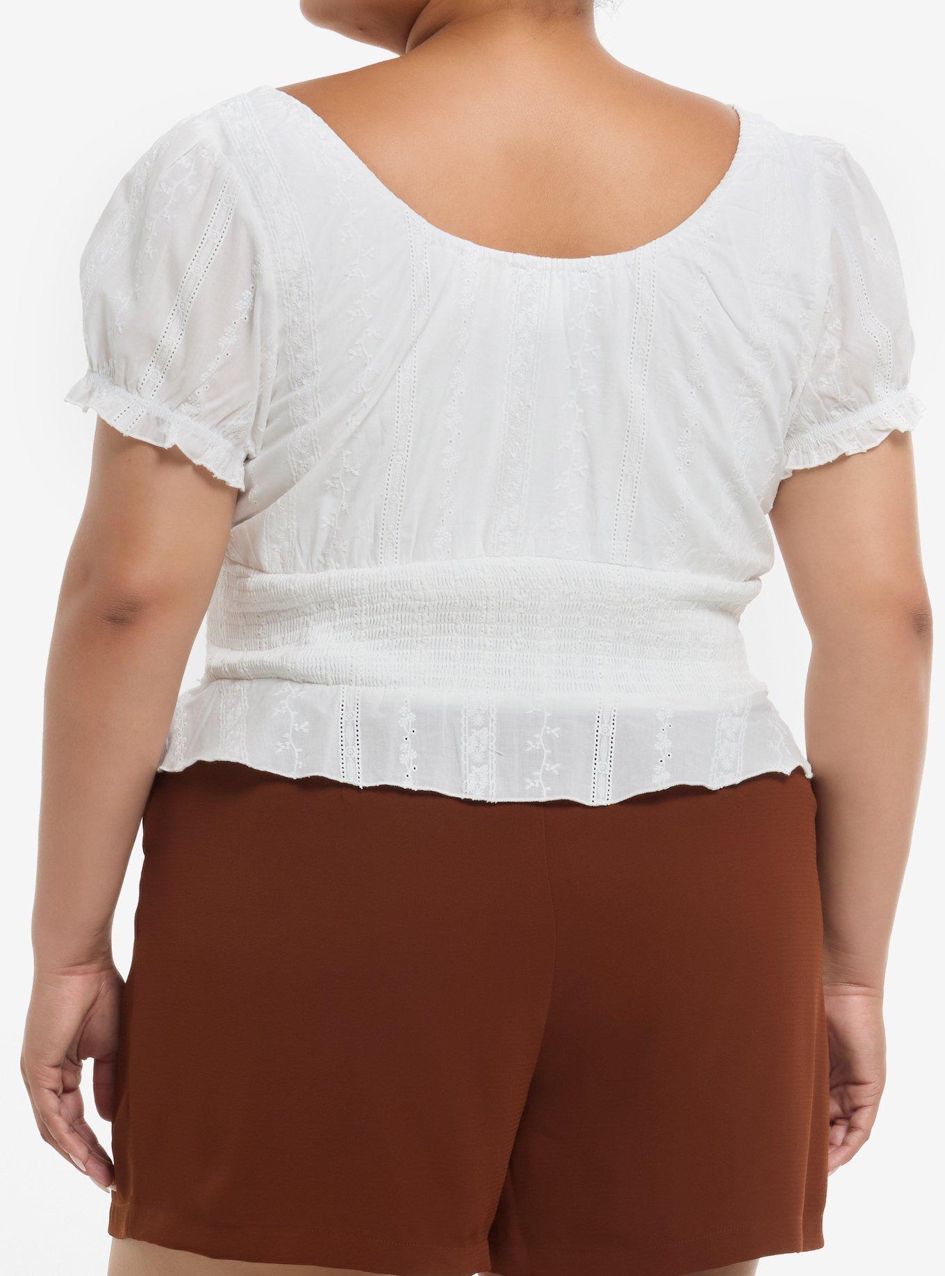 Thorn & Fable White Eyelet Puff-Sleeve Girls Crop Top Plus Size, , alternate