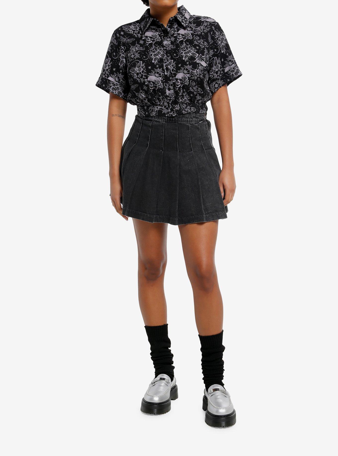 Cosmic Aura Moth & Dark Flowers Girls Crop Woven Button-Up, , hi-res