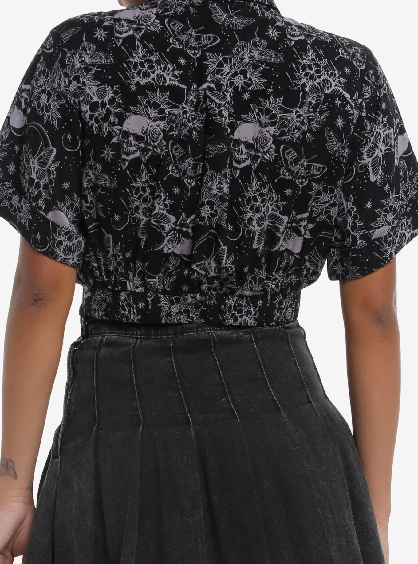Cosmic Aura Moth & Dark Flowers Girls Crop Woven Button-Up, GREY, alternate
