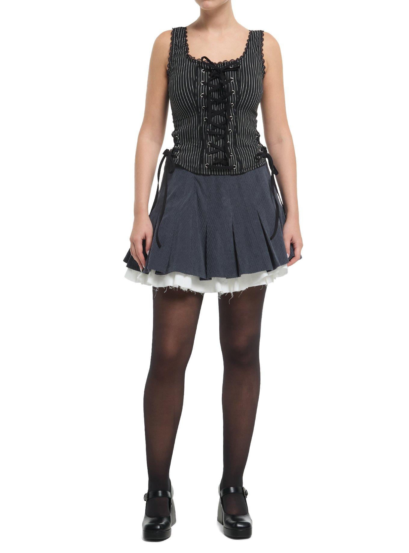 Black & White Pinstripe Lace-Up Corset, , hi-res