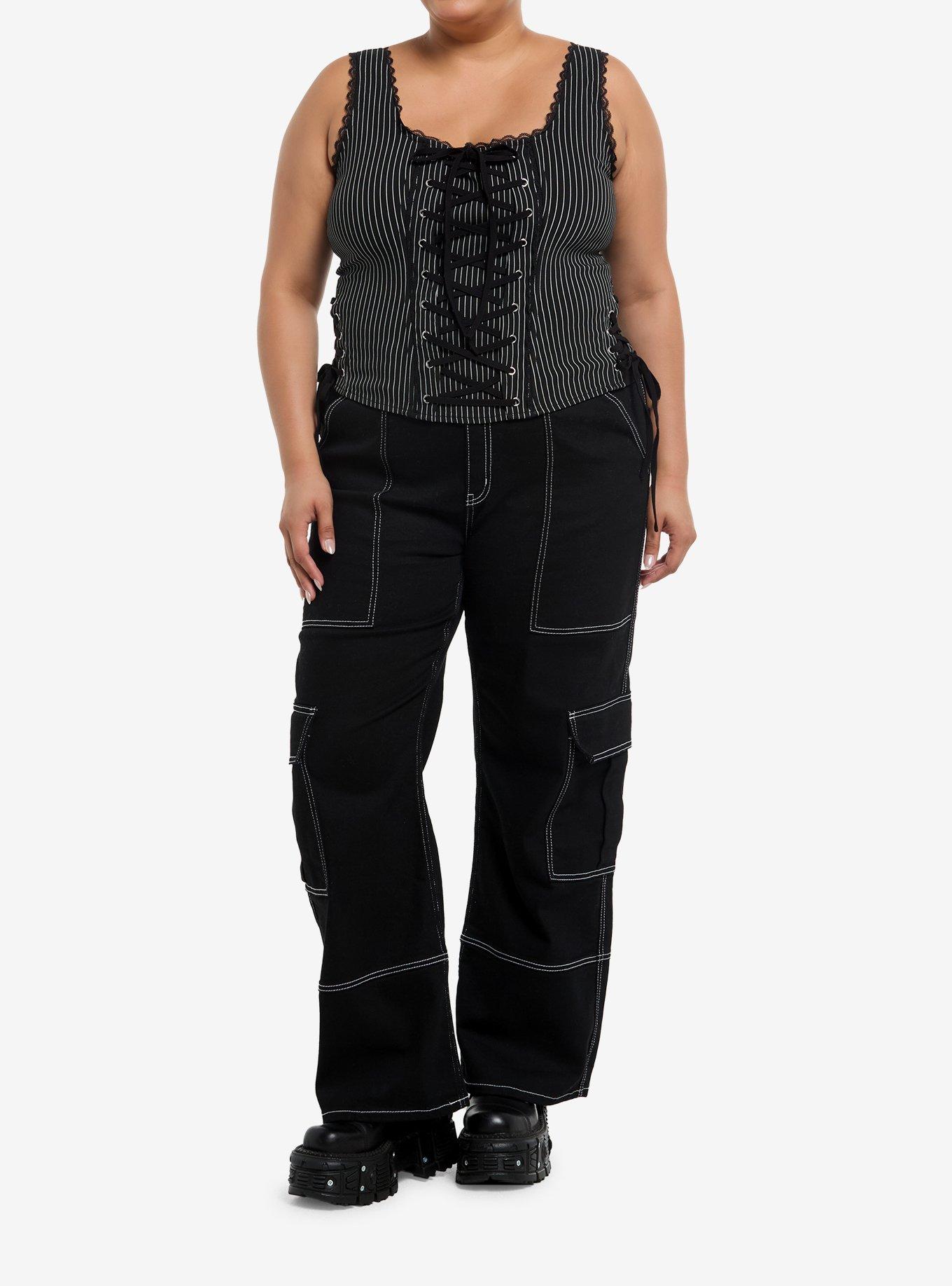 Black & White Pinstripe Lace-Up Corset Plus Size, , hi-res