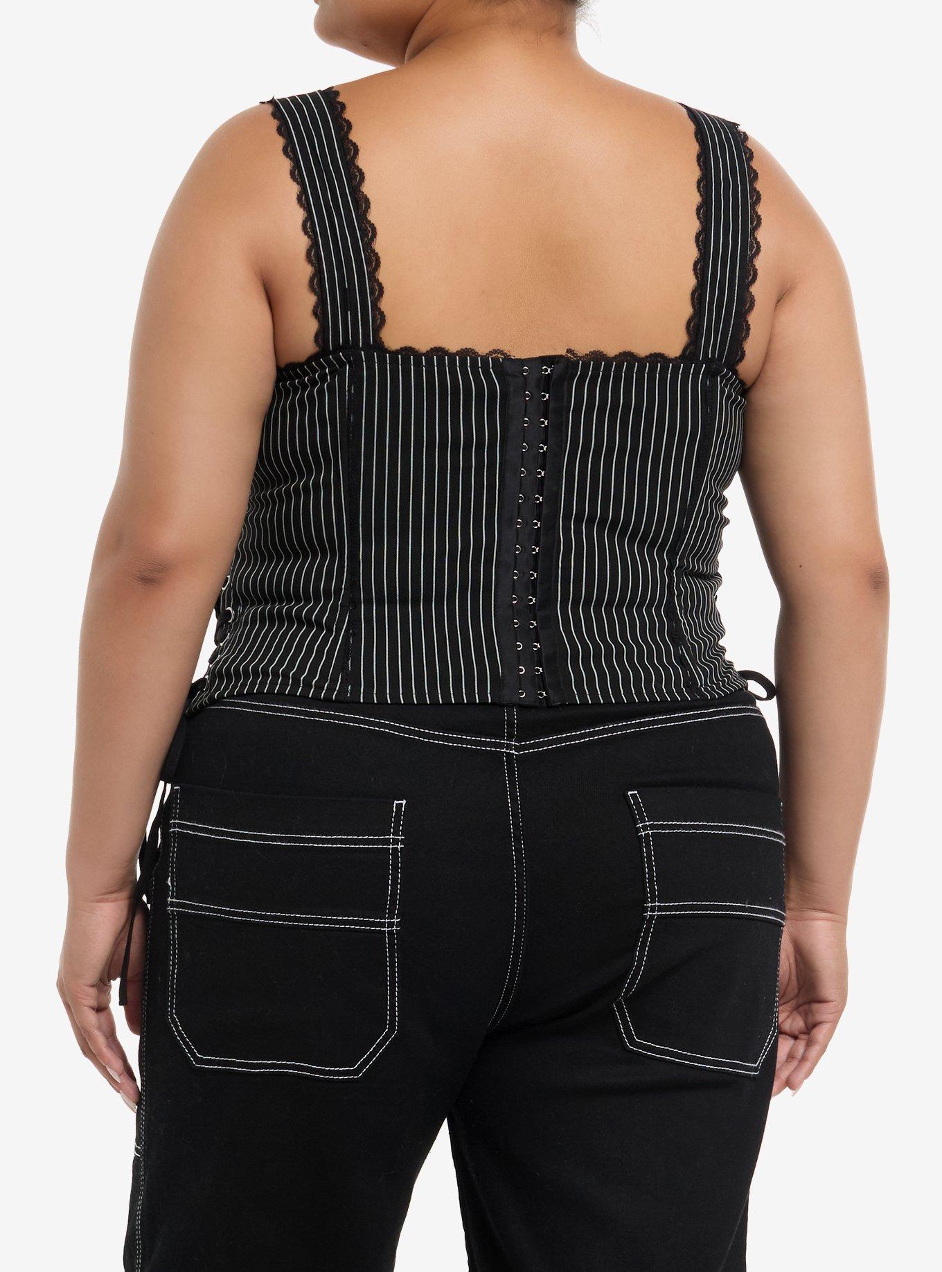 Black & White Pinstripe Lace-Up Corset Plus Size, , alternate