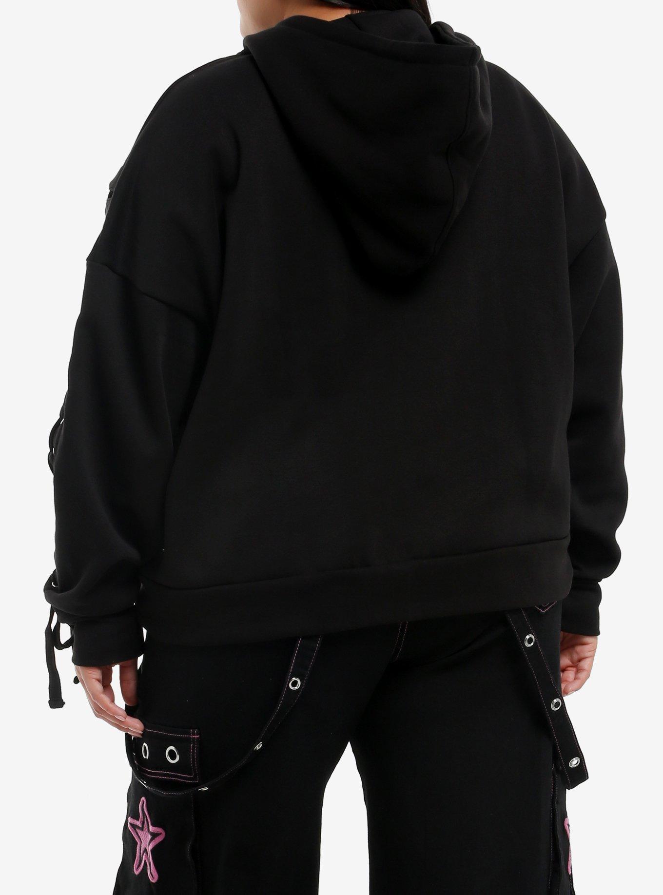 Black Lace-Up Girls Hoodie Plus Size, BLACK, alternate