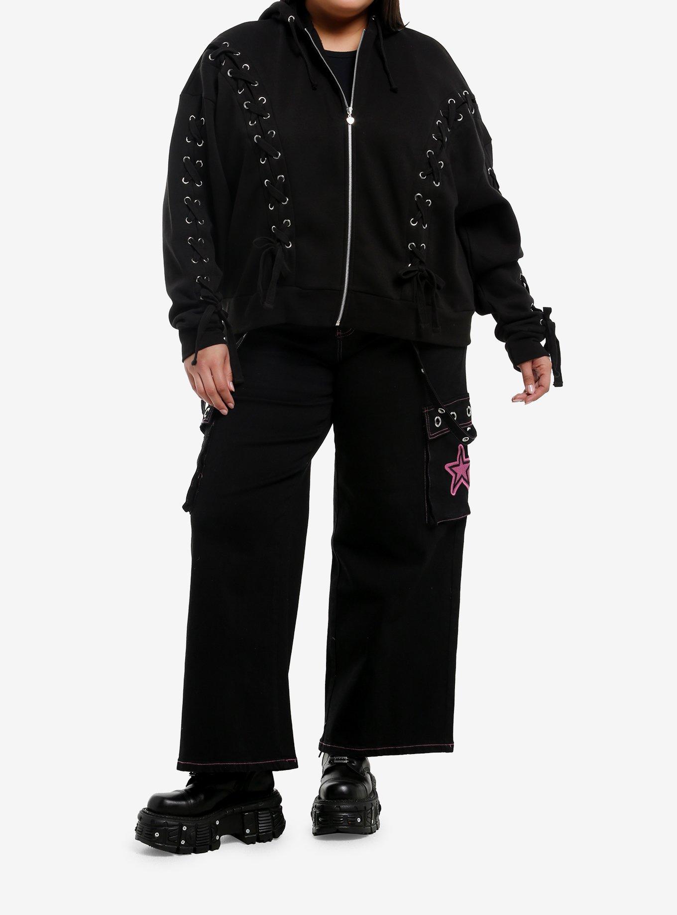 Black Lace-Up Girls Hoodie Plus Size, BLACK, alternate