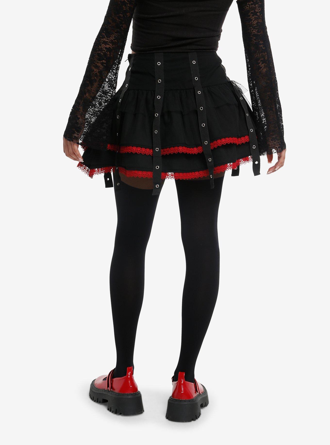 Black & Red Lace-Up Grommet Tiered Skirt, , hi-res