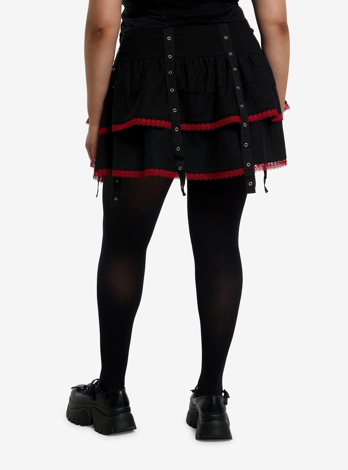 Black & Red Lace-Up Grommet Tiered Skirt Plus Size, , hi-res