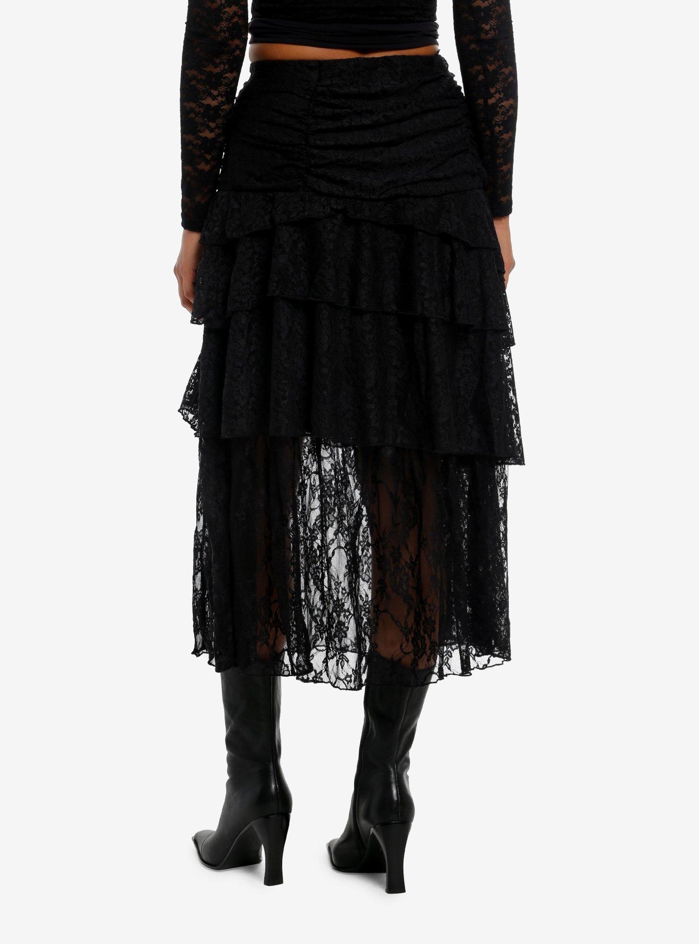 Thorn & Fable Black Lace Layered Midi Skirt, , hi-res