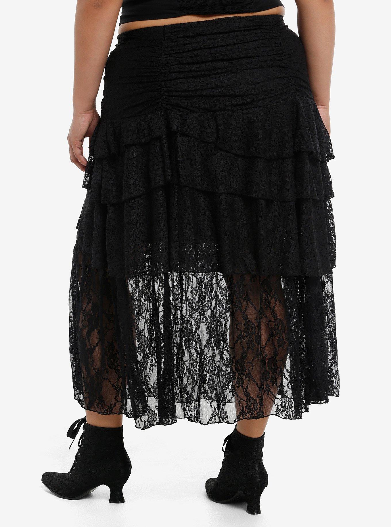 Thorn & Fable Black Lace Layered Midi Skirt Plus Size, , hi-res
