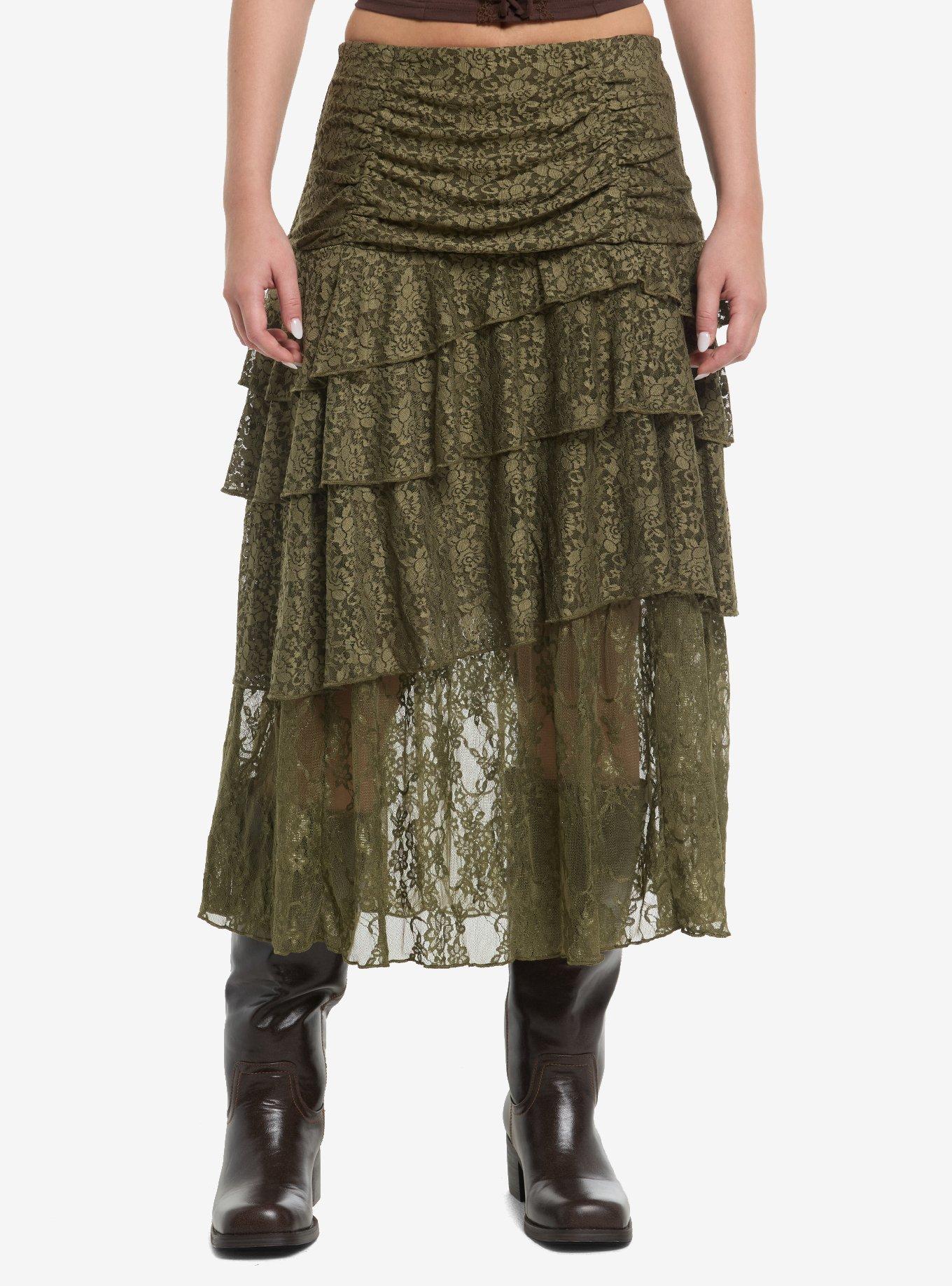 Thorn & Fable Moss Green Lace Layered Midi Skirt, , hi-res